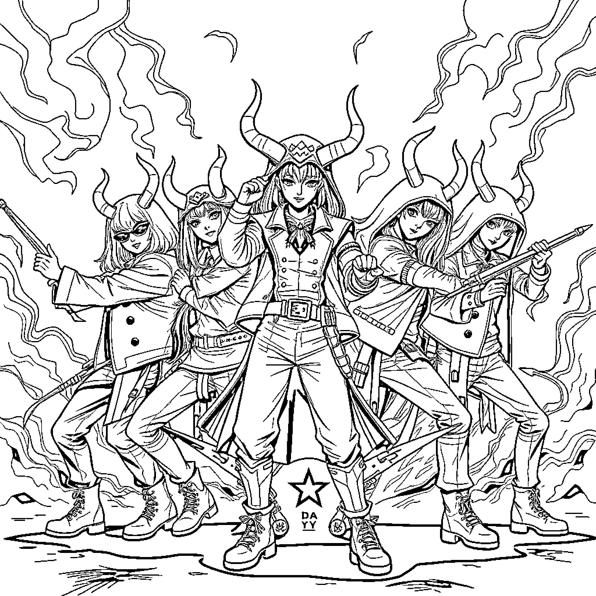 Demon Hunter Leads Fierce Warrior Crew into Battle Coloring Page (free black-and-white line drawing printable PDF for all, from beginners to advanced learners, including children, teens, adults, and seniors)