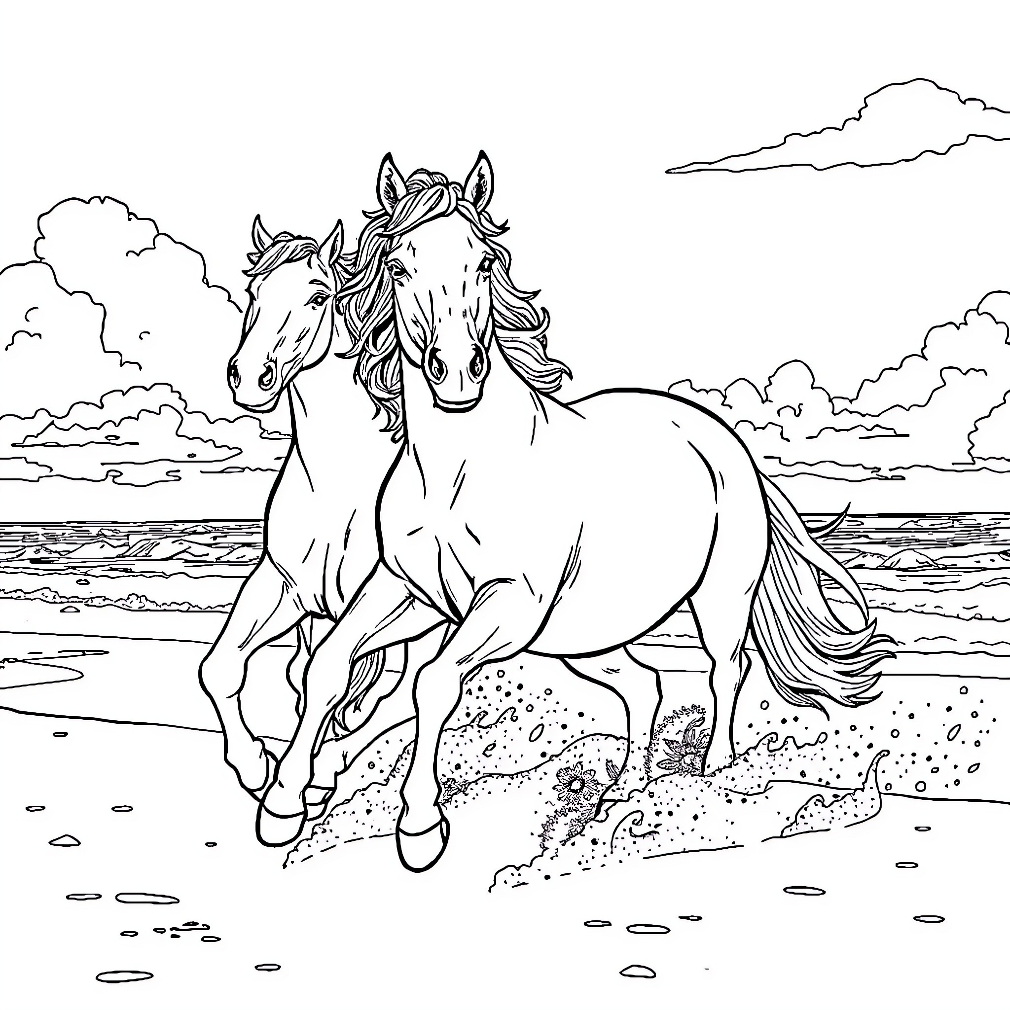 Horse duo galloping along the beach Coloring Page (free black-and-white line drawing printable PDF for all, from beginners to advanced learners, including children, teens, adults, and seniors)