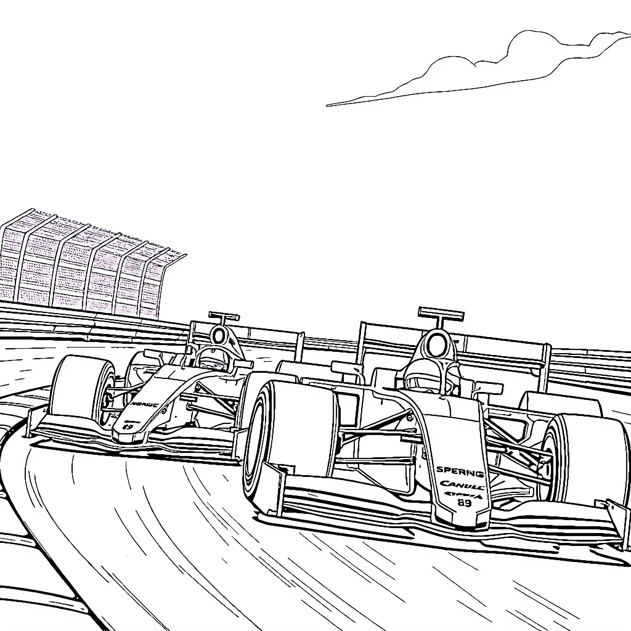 Formula 1 Car speeding on race track Coloring Page (free black-and-white line drawing printable PDF for all, from beginners to advanced learners, including children, teens, adults, and seniors)