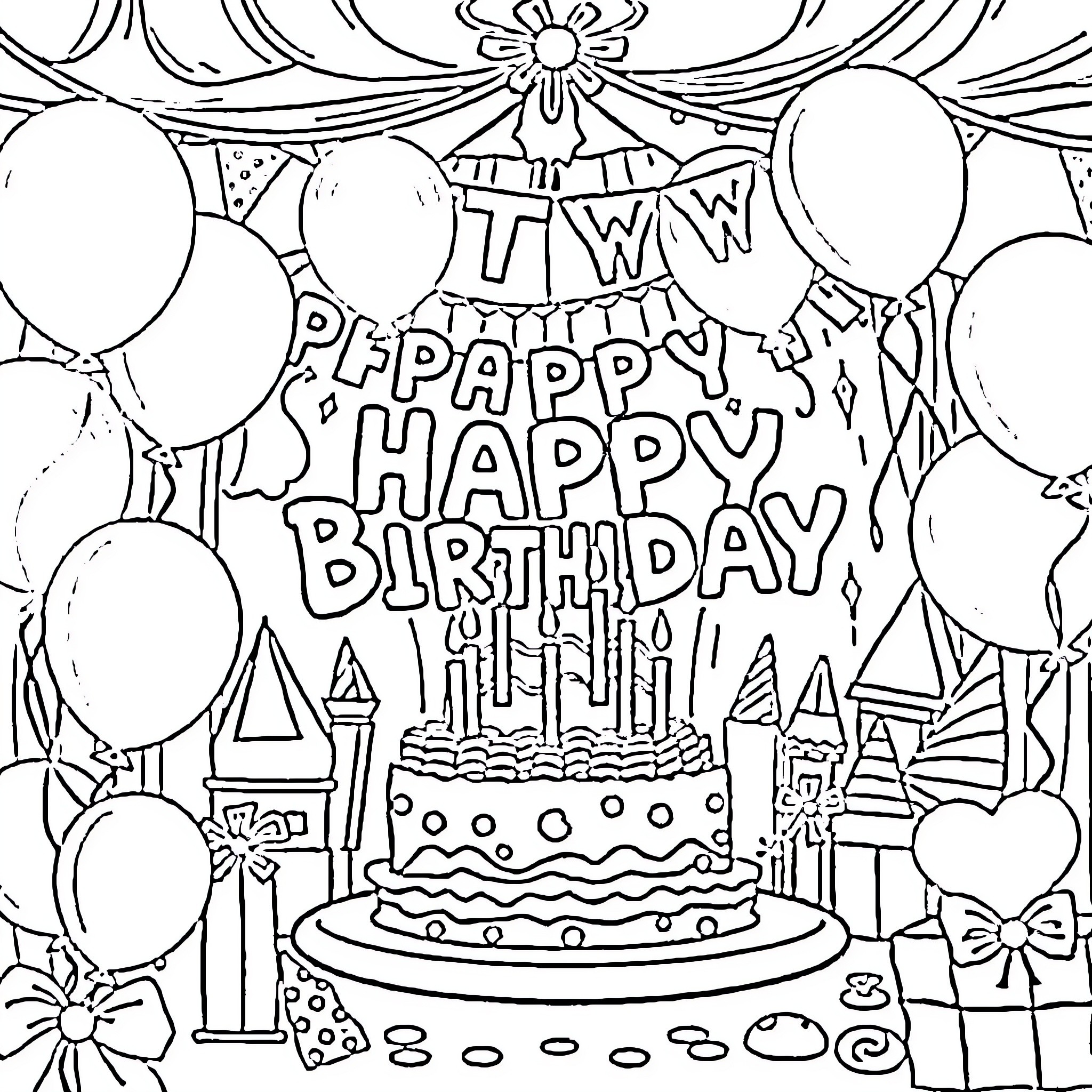 Birthday celebration with cake and balloons Coloring Page (free black-and-white line drawing printable PDF for all, from beginners to advanced learners, including children, teens, adults, and seniors)