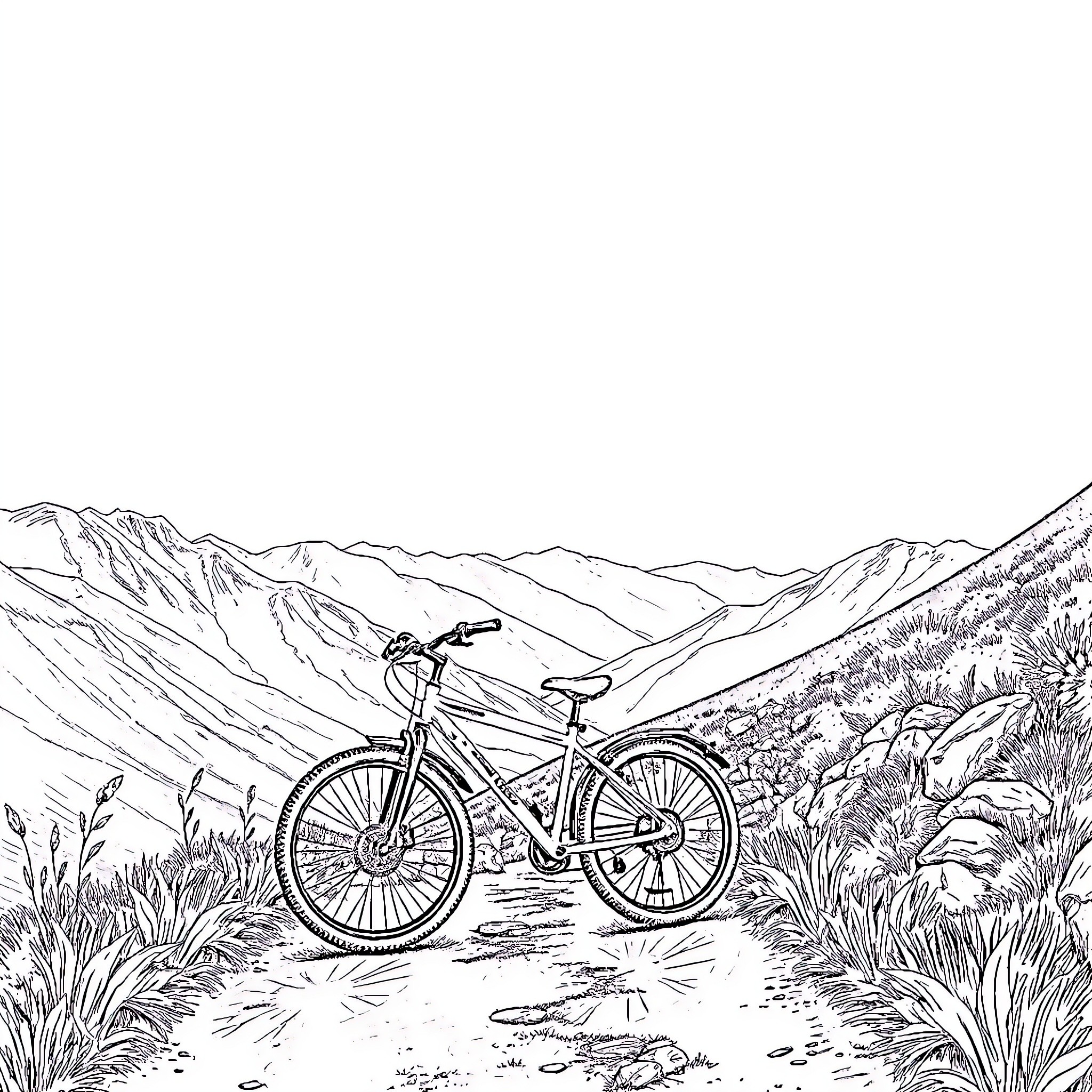 Vélo mountain biking in rugged terrain Coloring Page (free black-and-white line drawing printable PDF for all, from beginners to advanced learners, including children, teens, adults, and seniors)
