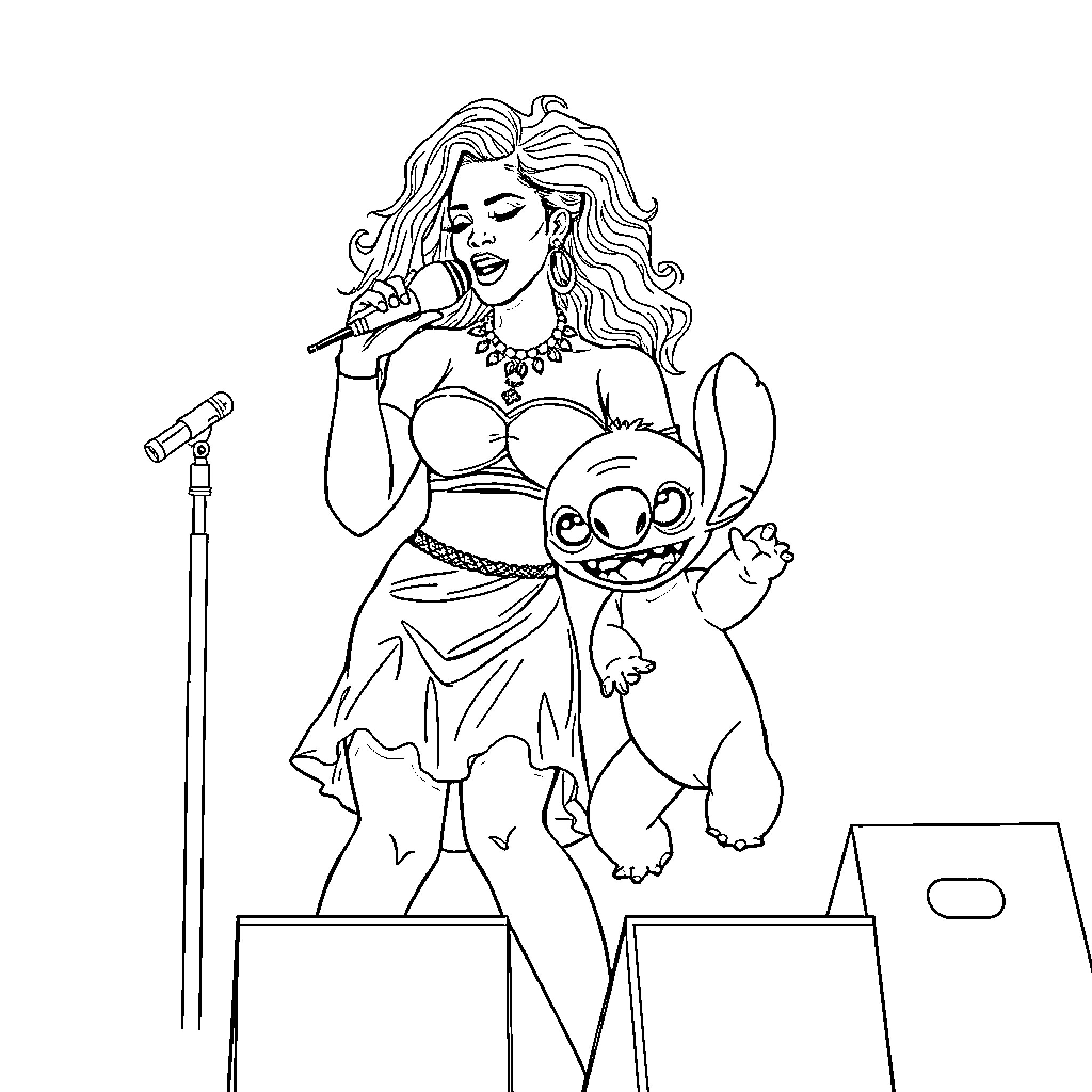 Rihanna performs with iconic character on stage Coloring Page (free black-and-white line drawing printable PDF for all, from beginners to advanced learners, including children, teens, adults, and seniors)