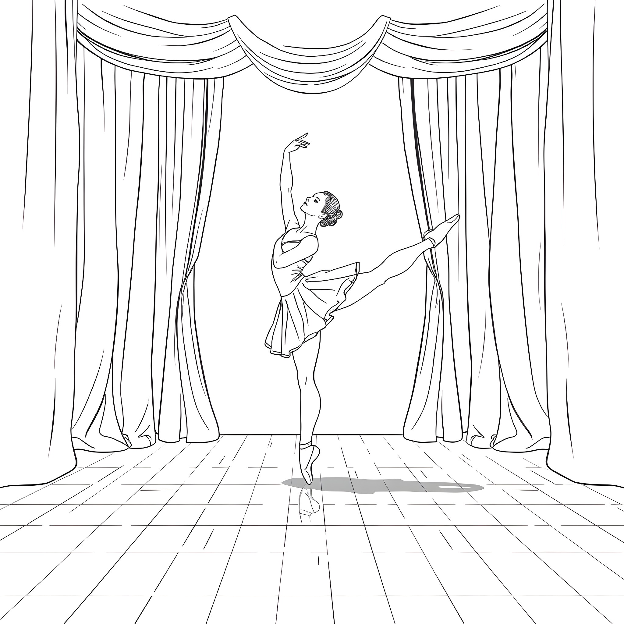 Ballerina Performing on Stage with Curtains Coloring Page (free black-and-white line drawing printable PDF for all, from beginners to advanced learners, including children, teens, adults, and seniors)