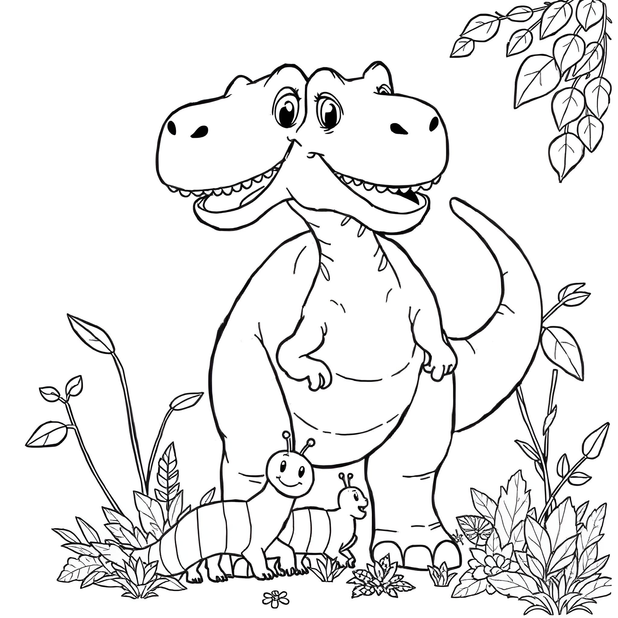 Dinosaur happily playing with bugs in nature Coloring Page (free black-and-white line drawing printable PDF for all, from beginners to advanced learners, including children, teens, adults, and seniors)