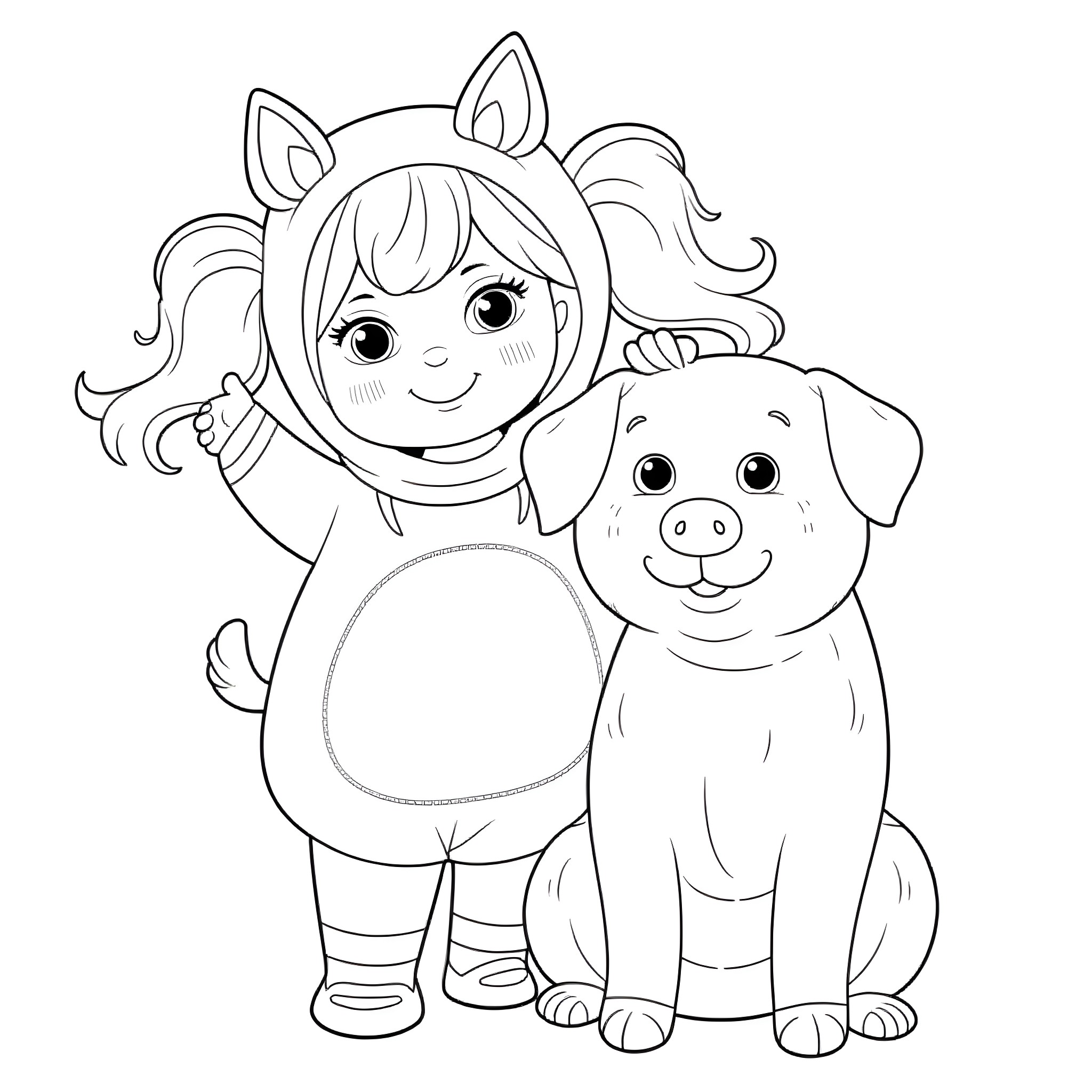 Girl in animal costume with her dog Coloring Page (free black-and-white line drawing printable PDF for all, from beginners to advanced learners, including children, teens, adults, and seniors)