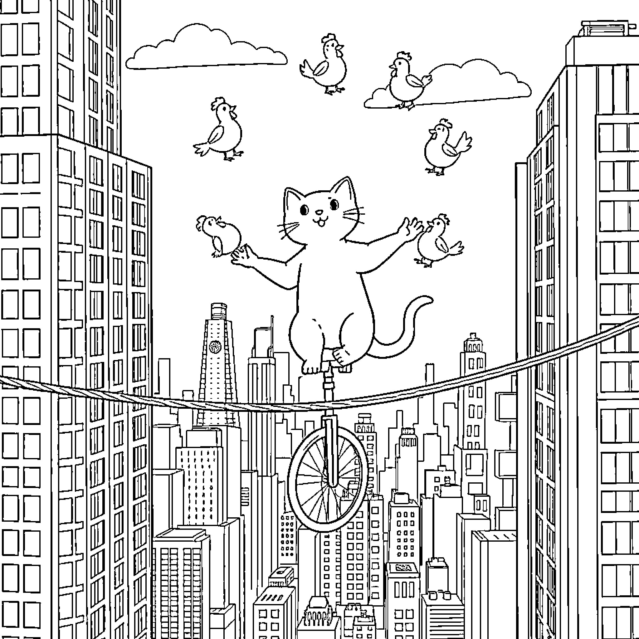 Cat juggling chickens in the city skyline Coloring Page (free black-and-white line drawing printable PDF for all, from beginners to advanced learners, including children, teens, adults, and seniors)
