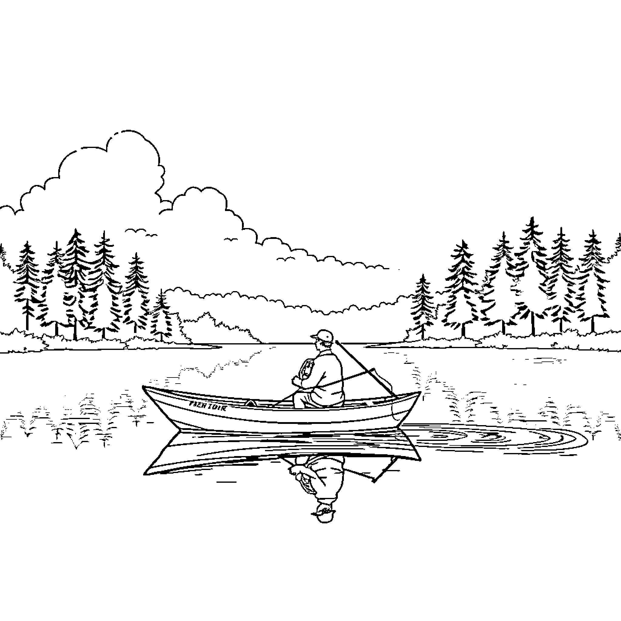 Man Fishing Peacefully in a Boat on the Lake Coloring Page (free black-and-white line drawing printable PDF for all, from beginners to advanced learners, including children, teens, adults, and seniors)