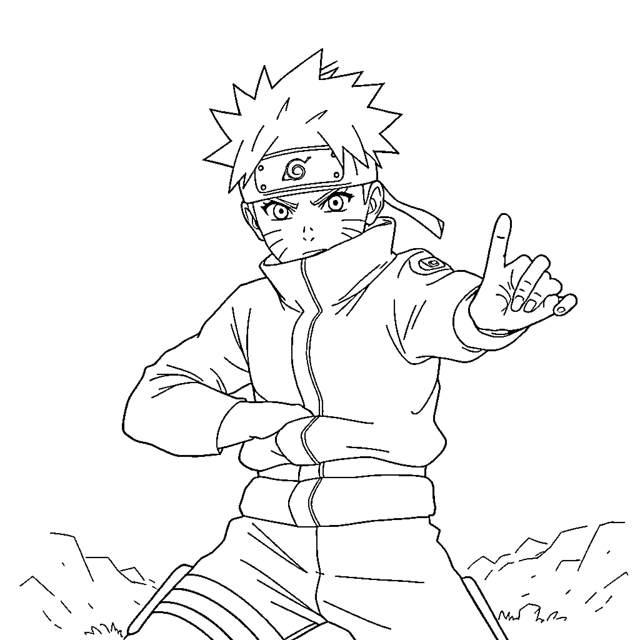 Naruto character in action pose with hand sign Coloring Page (free black-and-white line drawing printable PDF for all, from beginners to advanced learners, including children, teens, adults, and seniors)