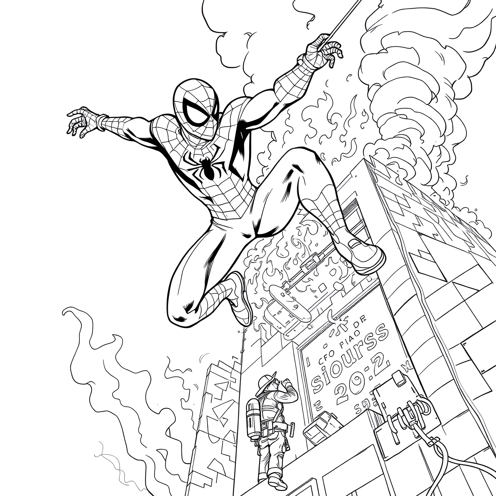 Spiderman saving the city from a disaster Coloring Page (free black-and-white line drawing printable PDF for all, from beginners to advanced learners, including children, teens, adults, and seniors)