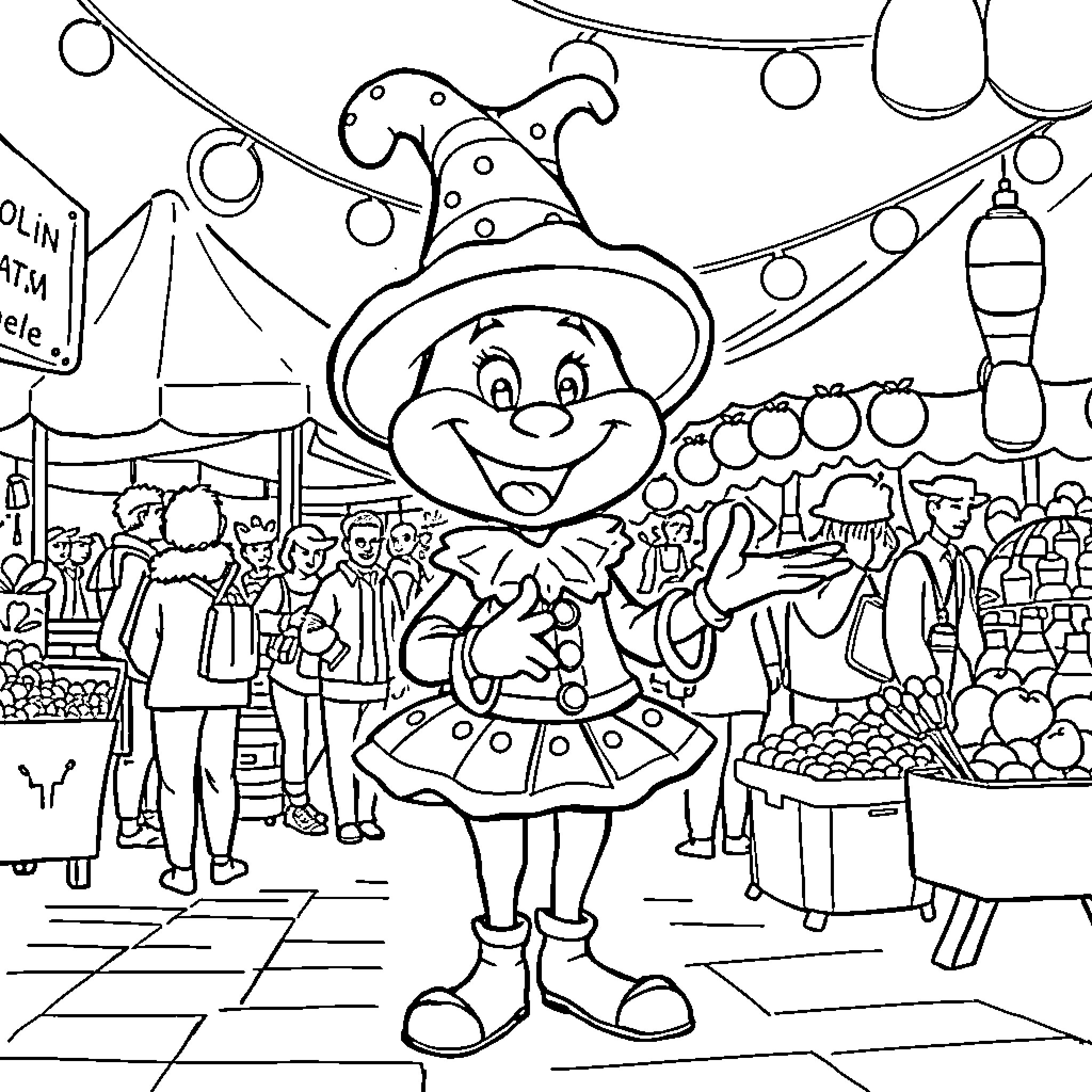 Polichinelle's Lively Carnival Celebration Coloring Page (free black-and-white line drawing printable PDF for all, from beginners to advanced learners, including children, teens, adults, and seniors)