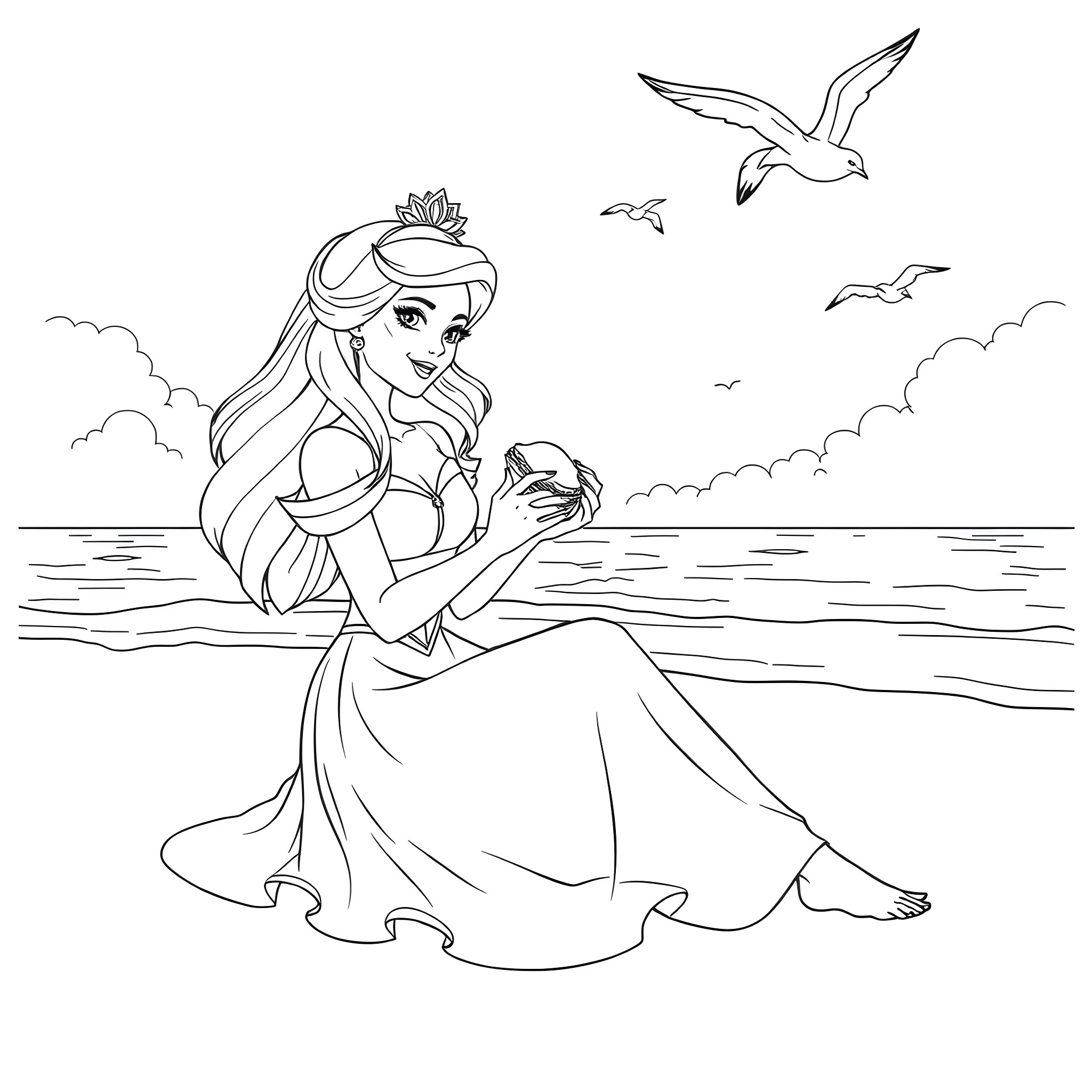 Princess enjoying a day at the beach Coloring Page (free black-and-white line drawing printable PDF for all, from beginners to advanced learners, including children, teens, adults, and seniors)