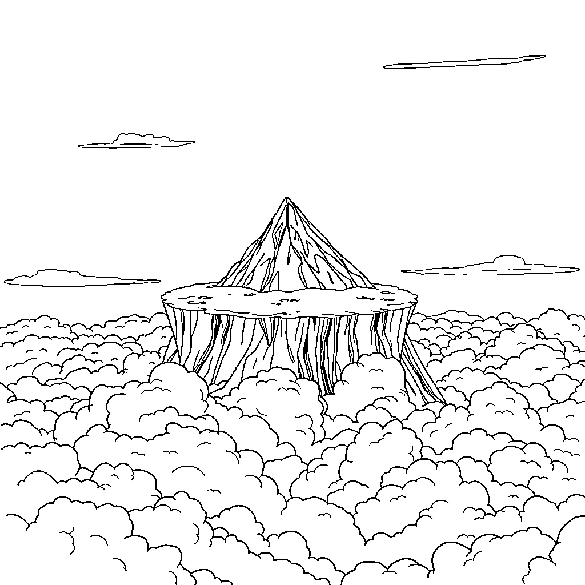 Mesa floating above the cloud-filled landscape Coloring Page (free black-and-white line drawing printable PDF for all, from beginners to advanced learners, including children, teens, adults, and seniors)