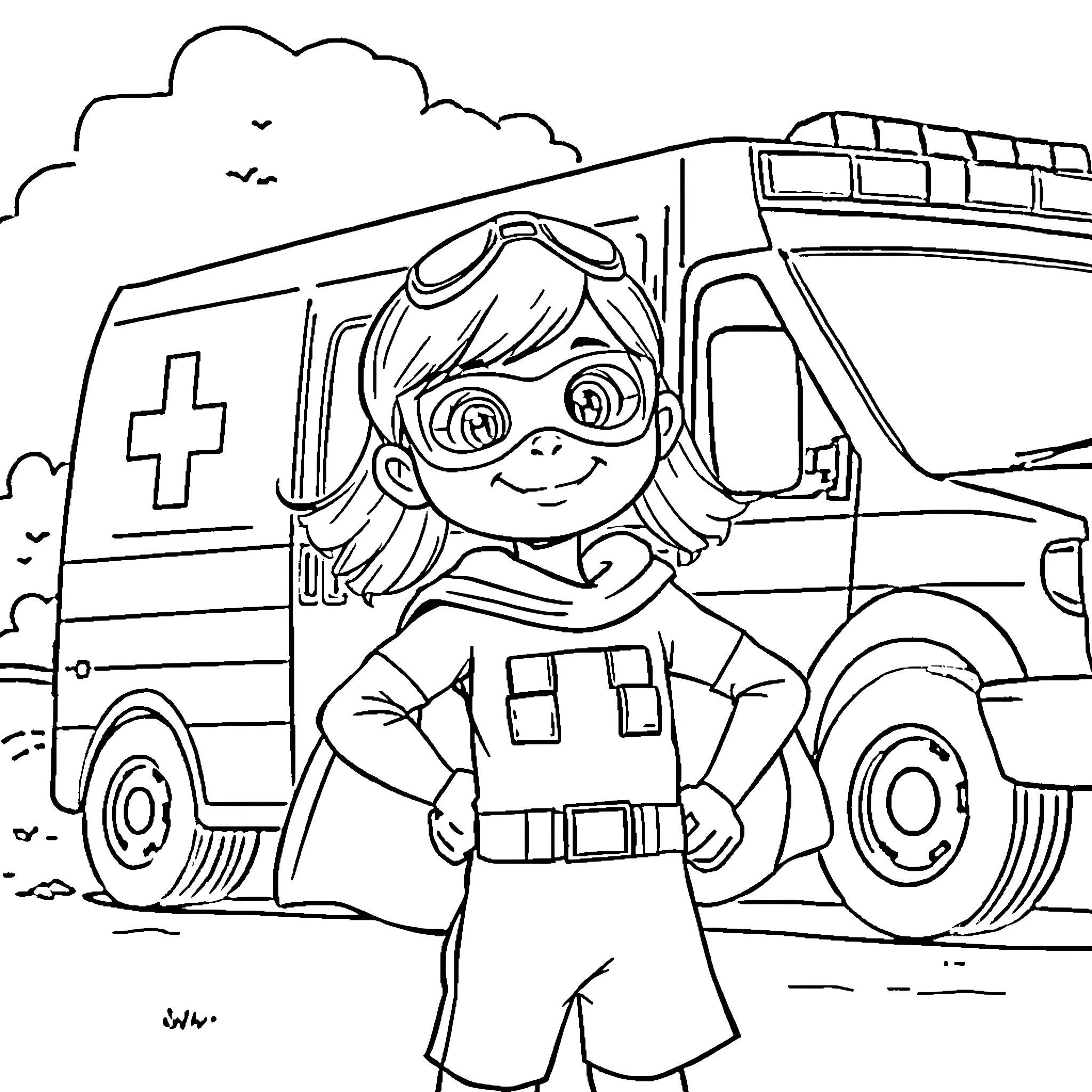 Girl playing doctor near emergency vehicle Coloring Page (free black-and-white line drawing printable PDF for all, from beginners to advanced learners, including children, teens, adults, and seniors)