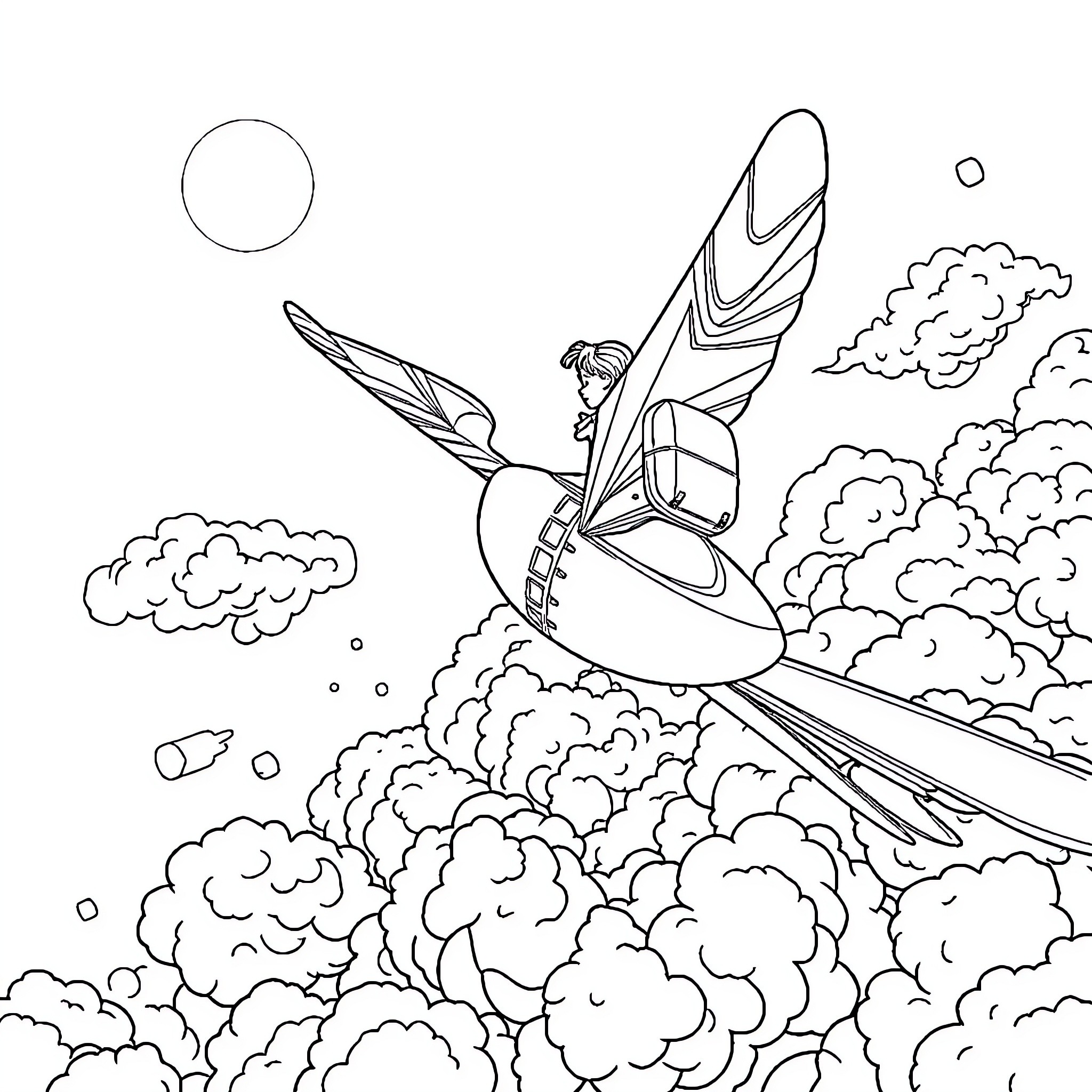 Aventura of a Fantastical Flyer in the Clouds Coloring Page (free black-and-white line drawing printable PDF for all, from beginners to advanced learners, including children, teens, adults, and seniors)
