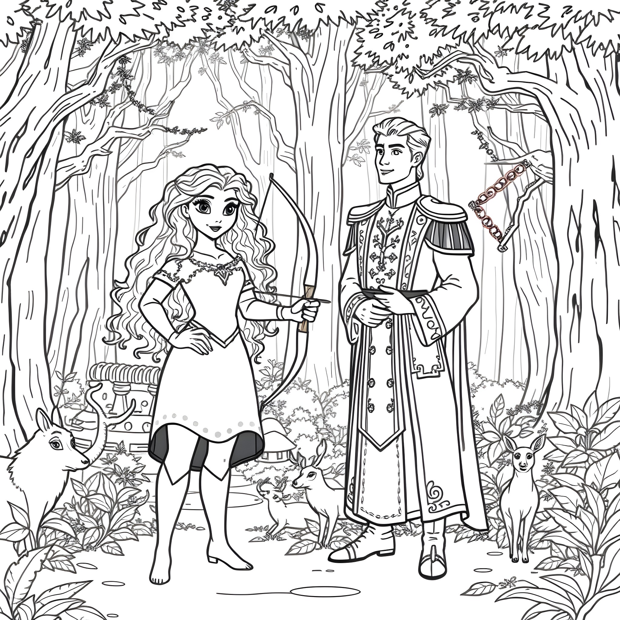 Merida's Magical Forest Adventure with Prince Coloring Page (free black-and-white line drawing printable PDF for all, from beginners to advanced learners, including children, teens, adults, and seniors)