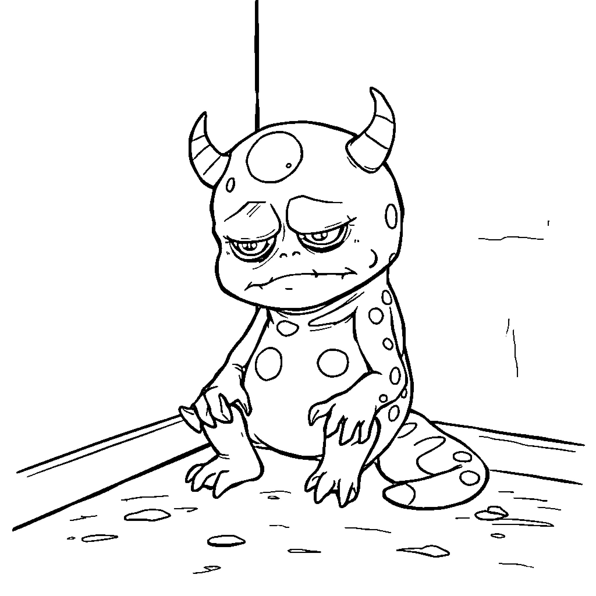 Cancer Monster Expressing Distress in a Monochrome Scene Coloring Page (free black-and-white line drawing printable PDF for all, from beginners to advanced learners, including children, teens, adults, and seniors)
