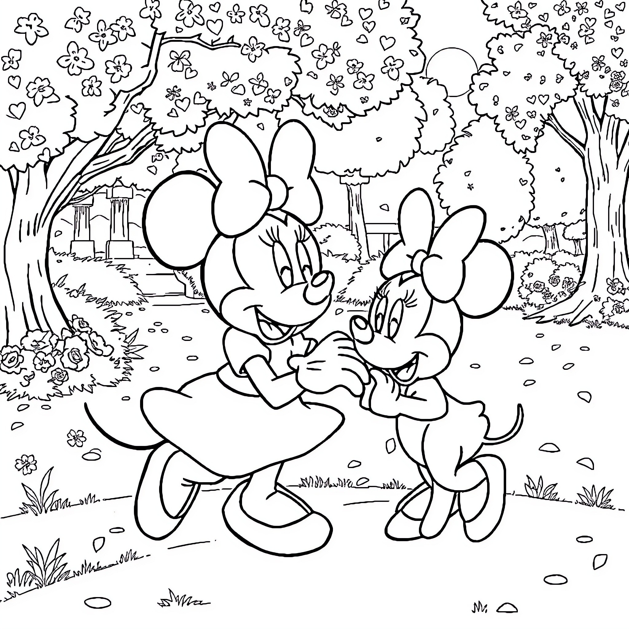 Minnie and Mickey enjoying a romantic walk in the park Coloring Page (free black-and-white line drawing printable PDF for all, from beginners to advanced learners, including children, teens, adults, and seniors)