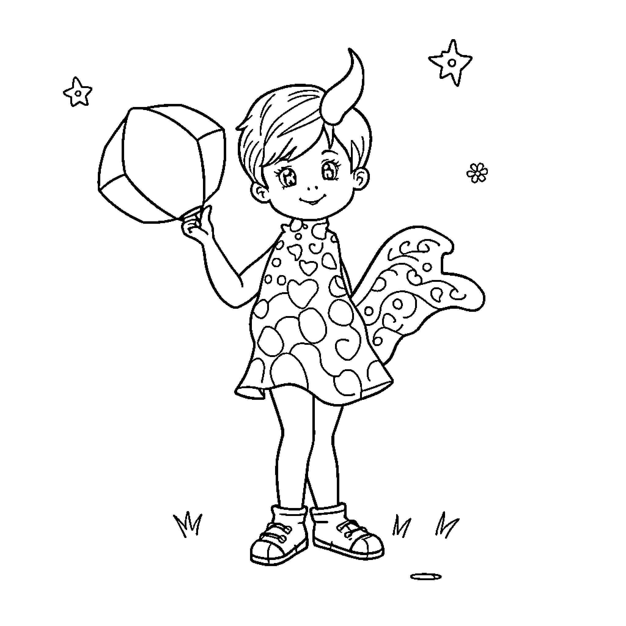 Kid playing with ball and star in whimsical outfit Coloring Page (free black-and-white line drawing printable PDF for all, from beginners to advanced learners, including children, teens, adults, and seniors)