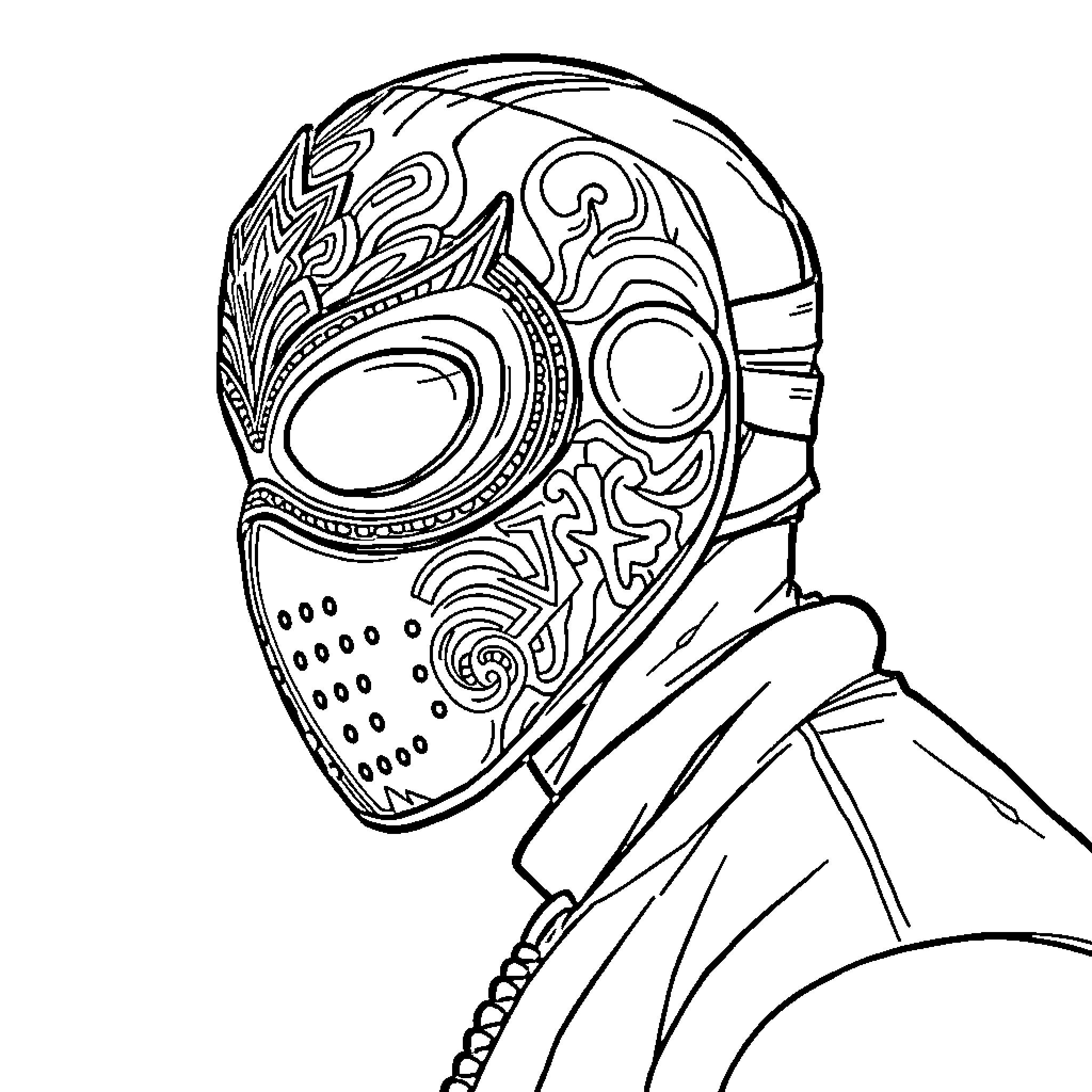 Luchador with intricate mask in action pose Coloring Page (free black-and-white line drawing printable PDF for all, from beginners to advanced learners, including children, teens, adults, and seniors)
