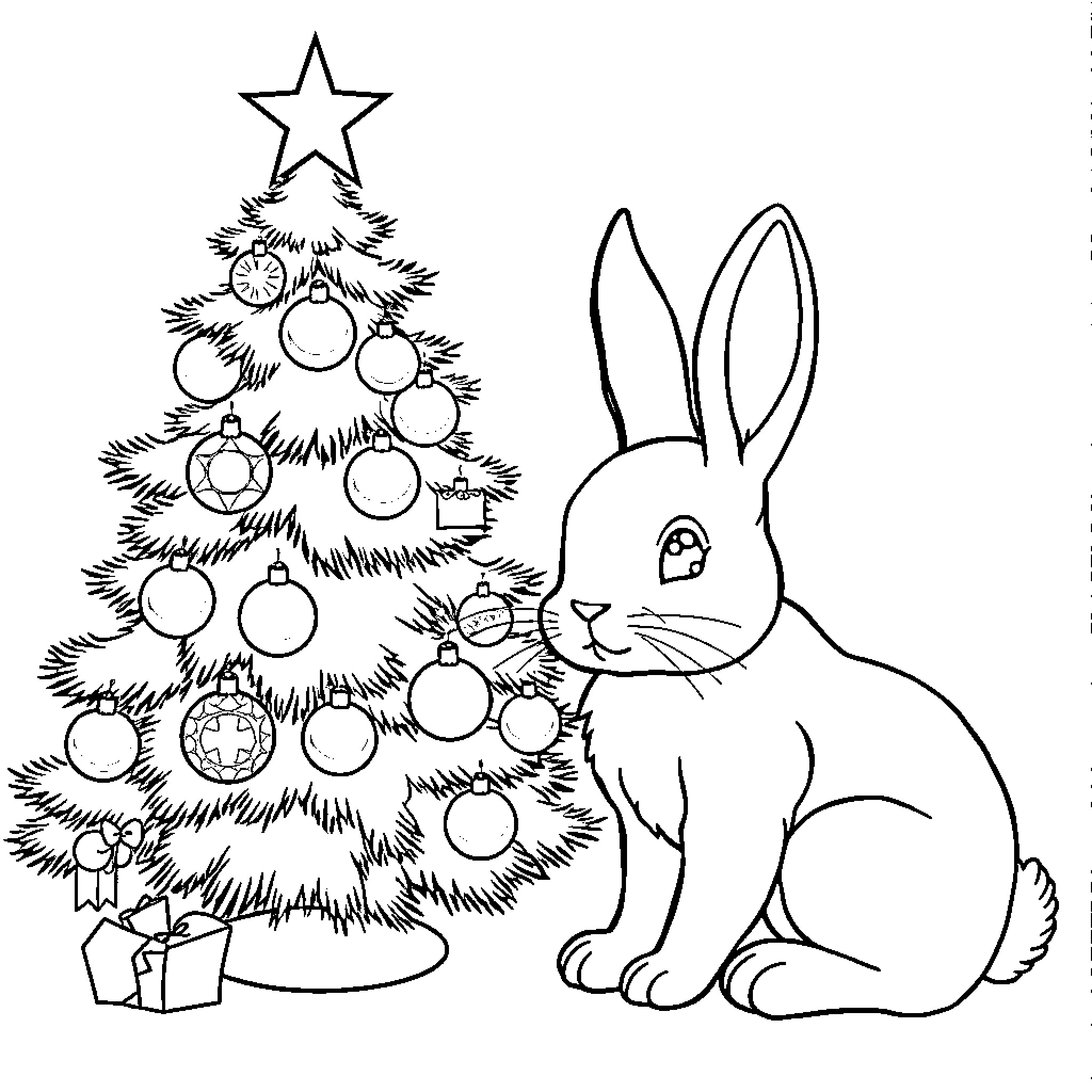 Bunny admiring the decorated Christmas tree Coloring Page (free black-and-white line drawing printable PDF for all, from beginners to advanced learners, including children, teens, adults, and seniors)