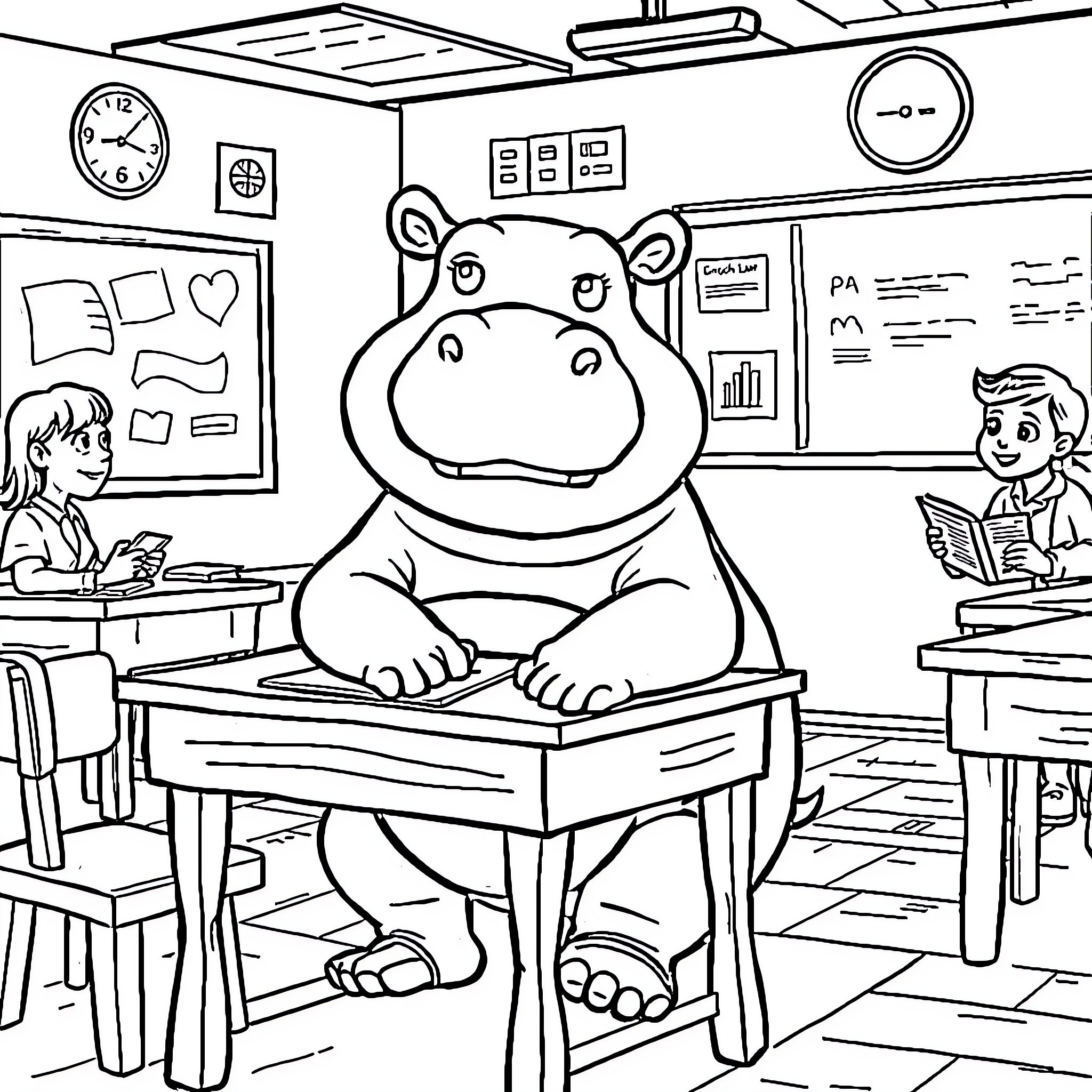 Hippo in a Classroom Setting Coloring Page (free black-and-white line drawing printable PDF for all, from beginners to advanced learners, including children, teens, adults, and seniors)