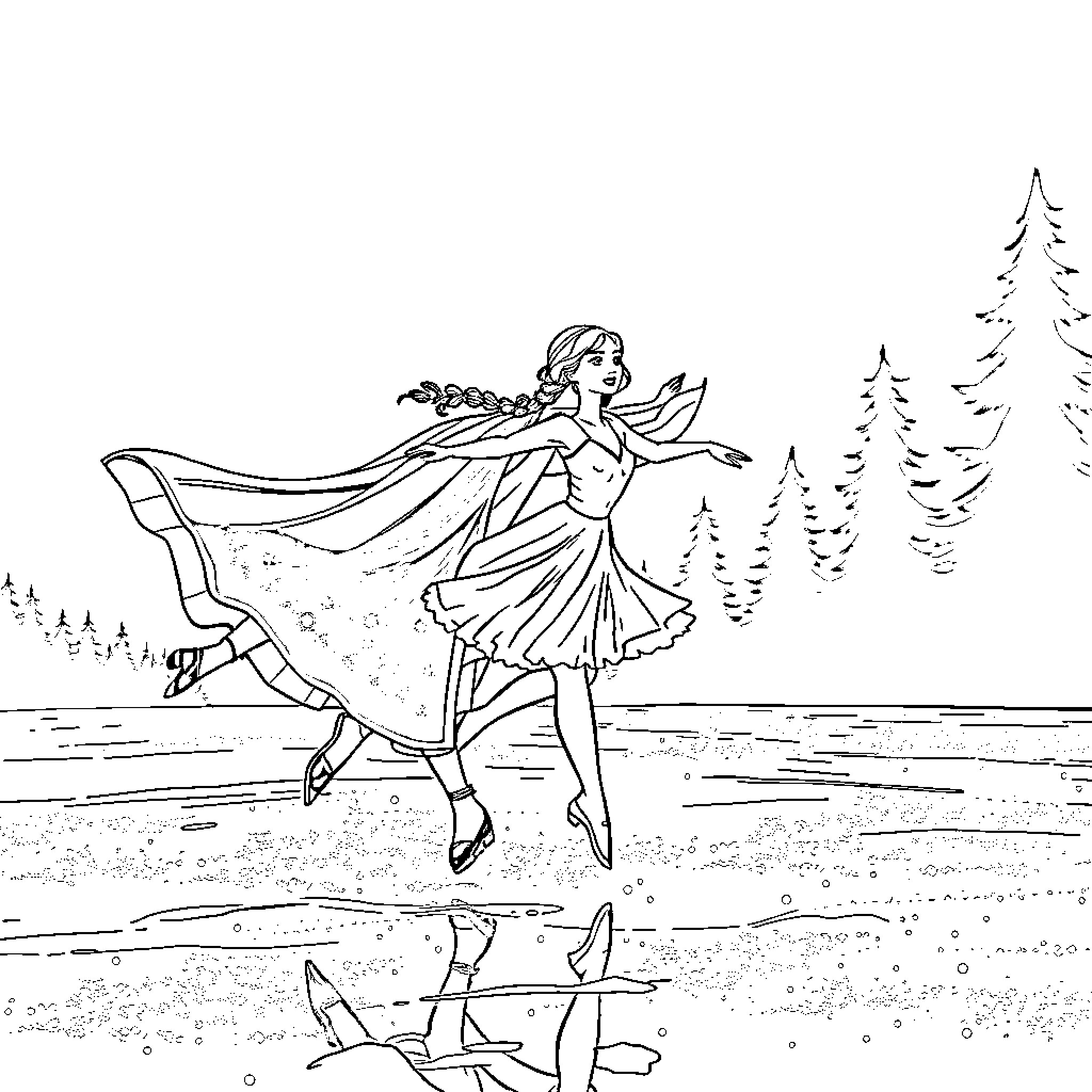 Frozen figure skating in a winter landscape Coloring Page (free black-and-white line drawing printable PDF for all, from beginners to advanced learners, including children, teens, adults, and seniors)