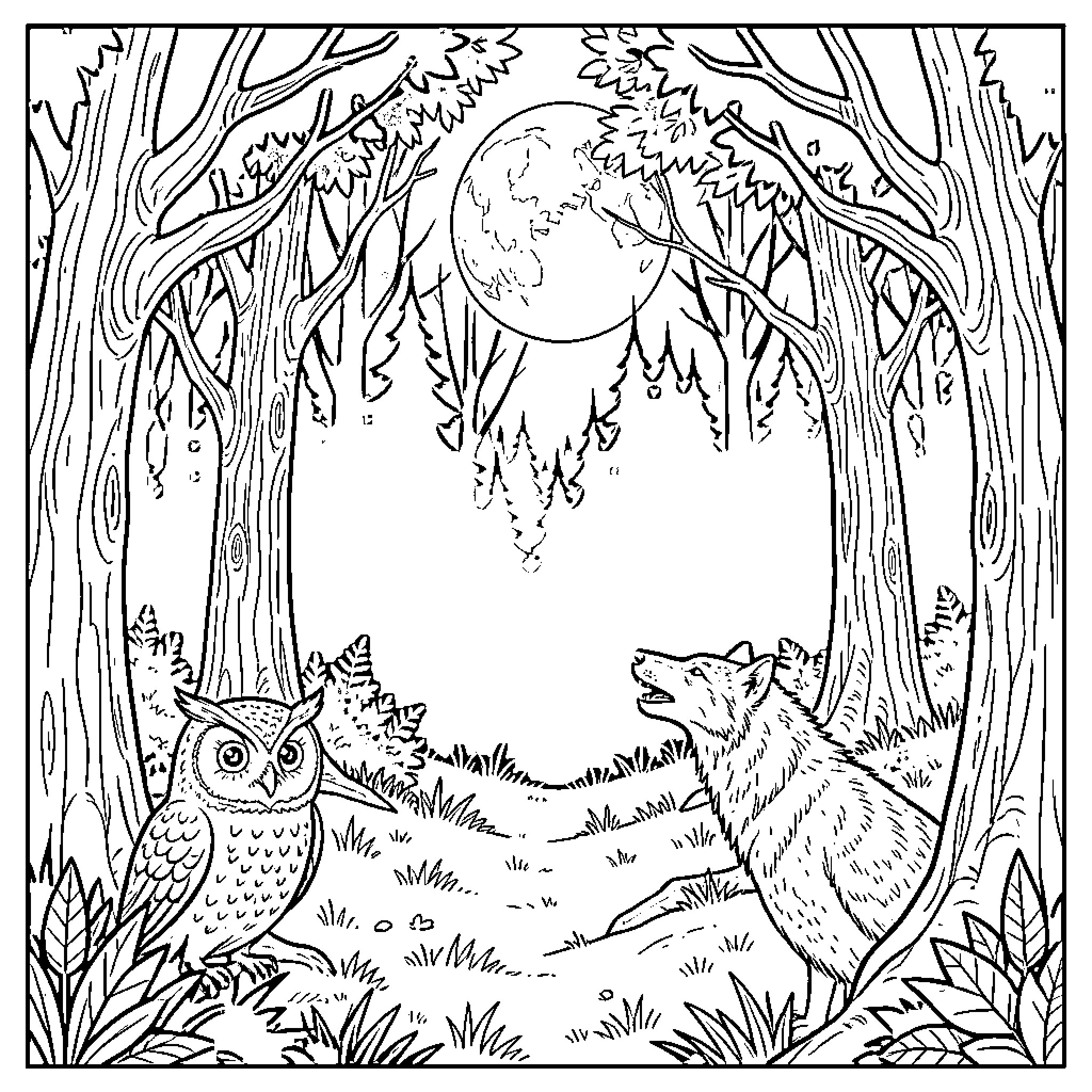 Owl and wolf in the enchanted forest Coloring Page (free black-and-white line drawing printable PDF for all, from beginners to advanced learners, including children, teens, adults, and seniors)