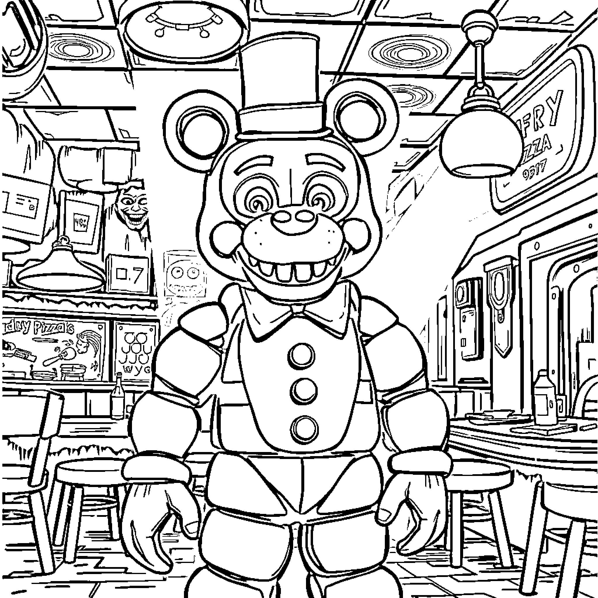 Freddy Fazbear in Animated Restaurant Setting Coloring Page (free black-and-white line drawing printable PDF for all, from beginners to advanced learners, including children, teens, adults, and seniors)