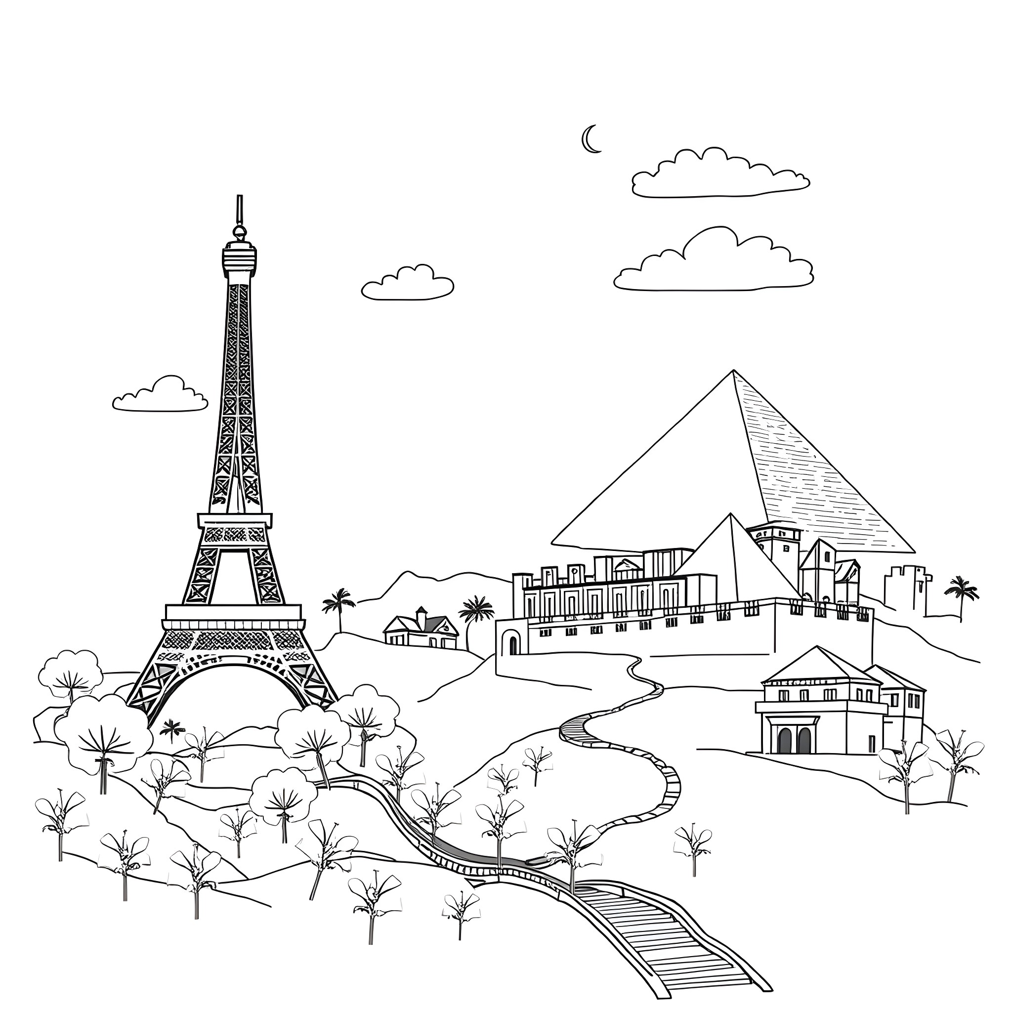 Wonder of architectural landmarks in Paris Coloring Page (free black-and-white line drawing printable PDF for all, from beginners to advanced learners, including children, teens, adults, and seniors)