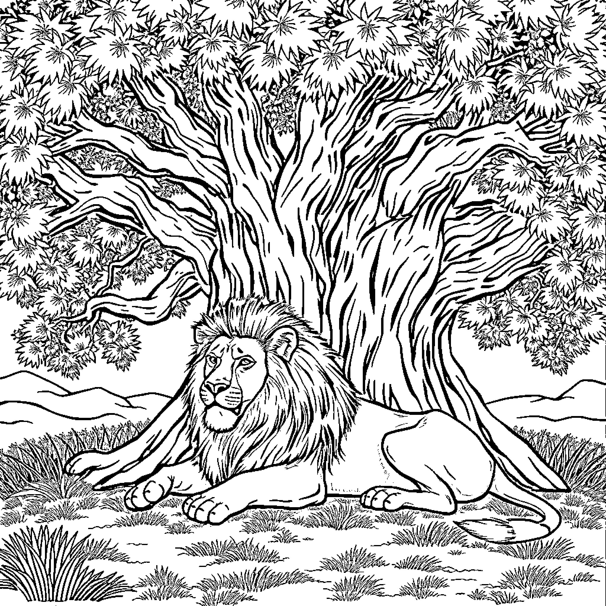 Lion resting under a detailed tree Coloring Page (free black-and-white line drawing printable PDF for all, from beginners to advanced learners, including children, teens, adults, and seniors)