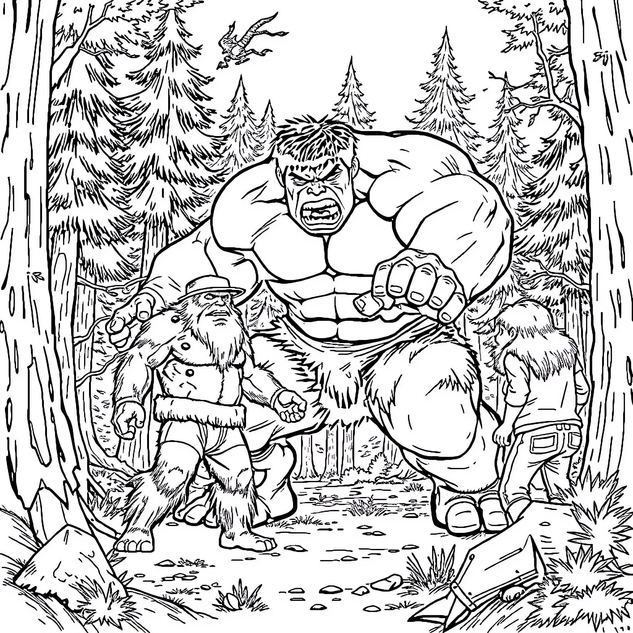 Hulk Confronting Dwarf in Enchanted Forest Coloring Page (free black-and-white line drawing printable PDF for all, from beginners to advanced learners, including children, teens, adults, and seniors)