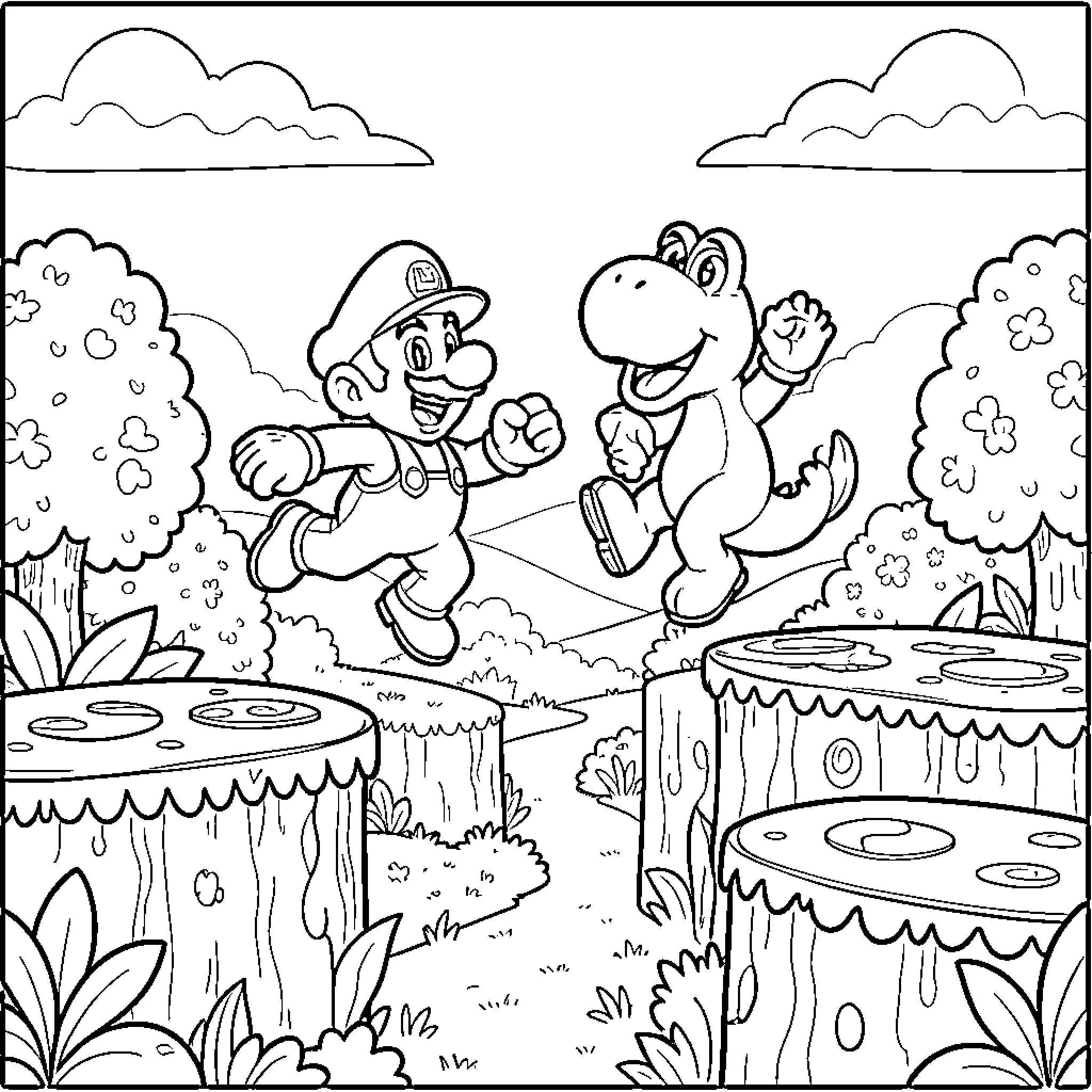 Mario and Yoshi exploring the whimsical forest landscape Coloring Page (free black-and-white line drawing printable PDF for all, from beginners to advanced learners, including children, teens, adults, and seniors)