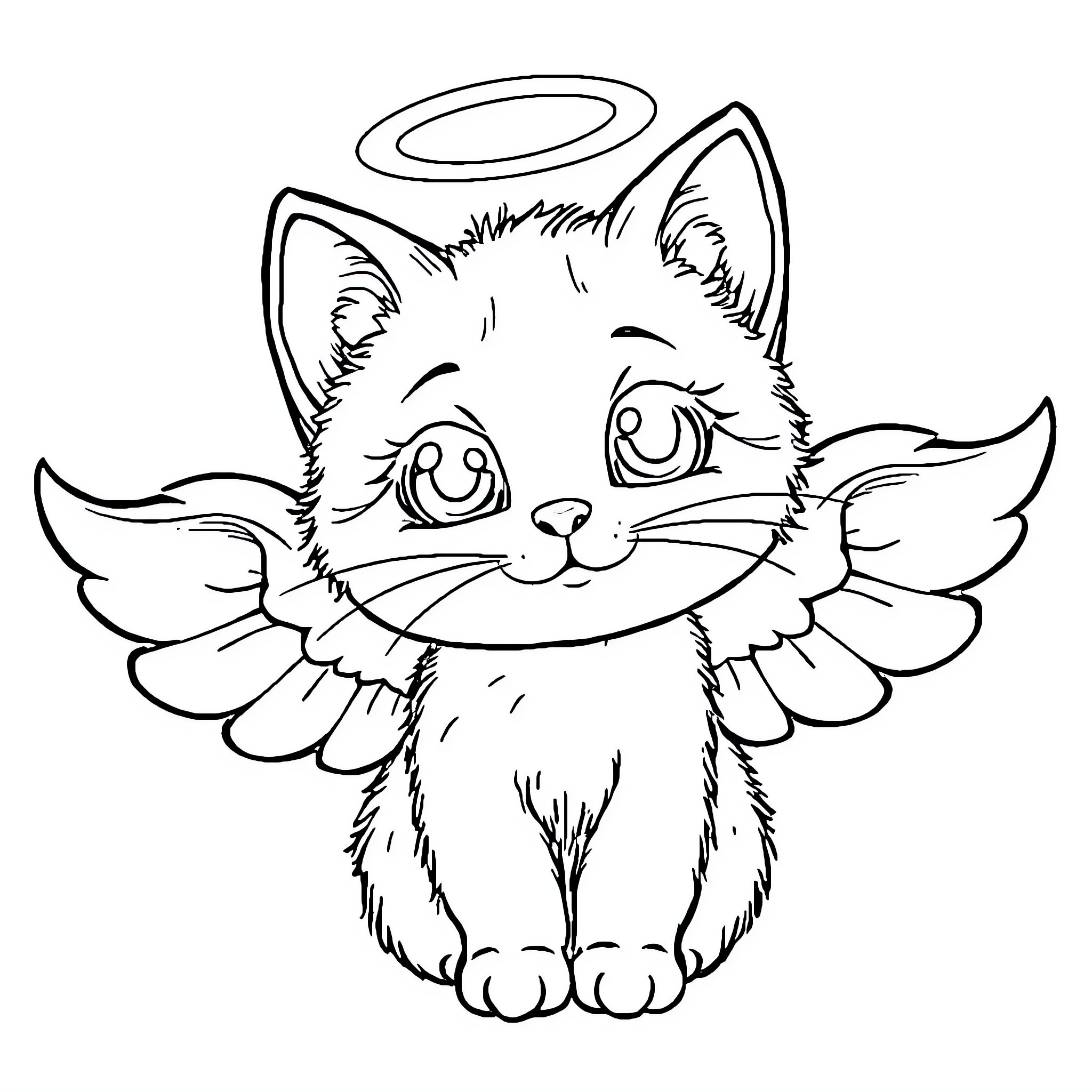Kitty angel with halo and wings Coloring Page (free black-and-white line drawing printable PDF for all, from beginners to advanced learners, including children, teens, adults, and seniors)