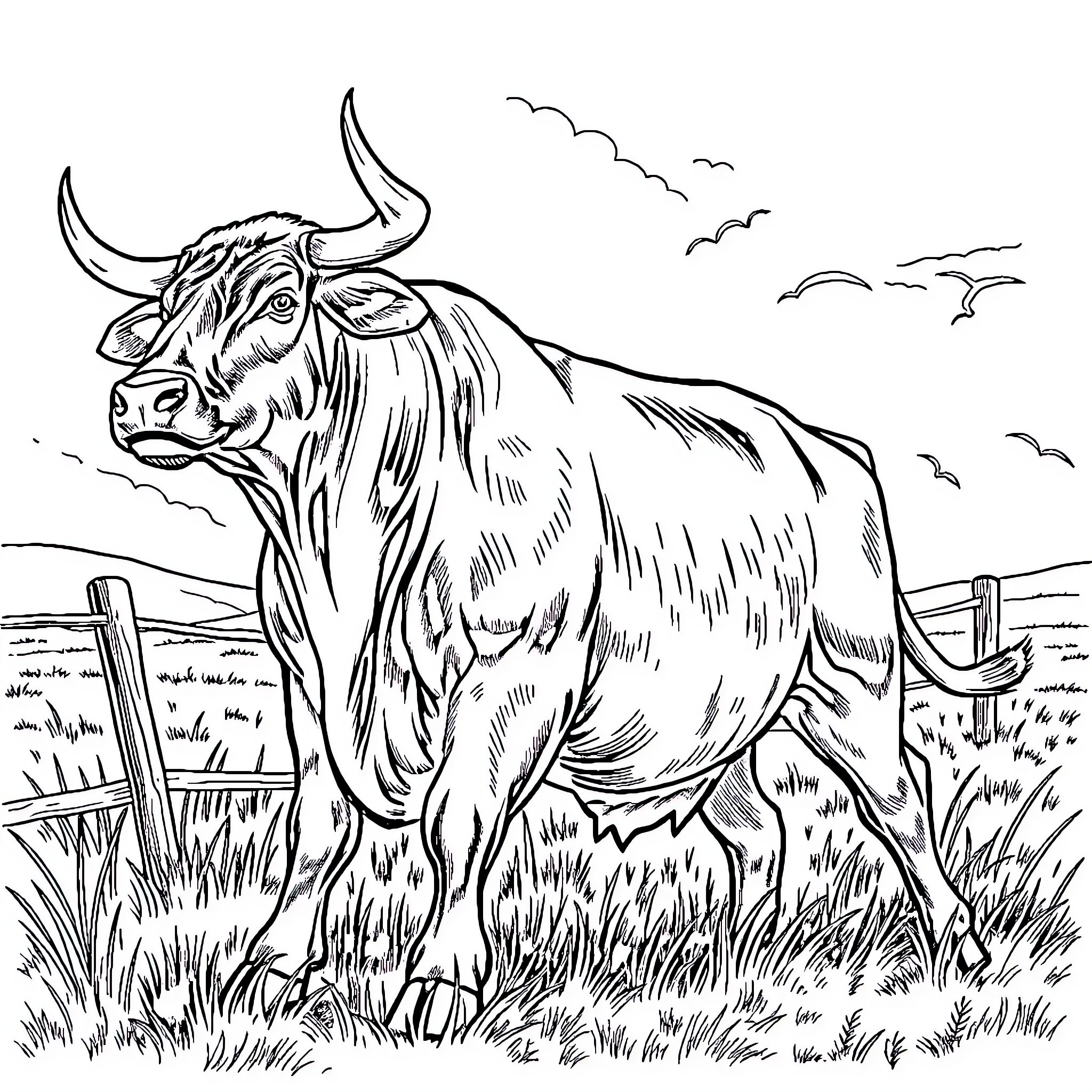 Boeuf grazing peacefully in a pastoral landscape Coloring Page (free black-and-white line drawing printable PDF for all, from beginners to advanced learners, including children, teens, adults, and seniors)