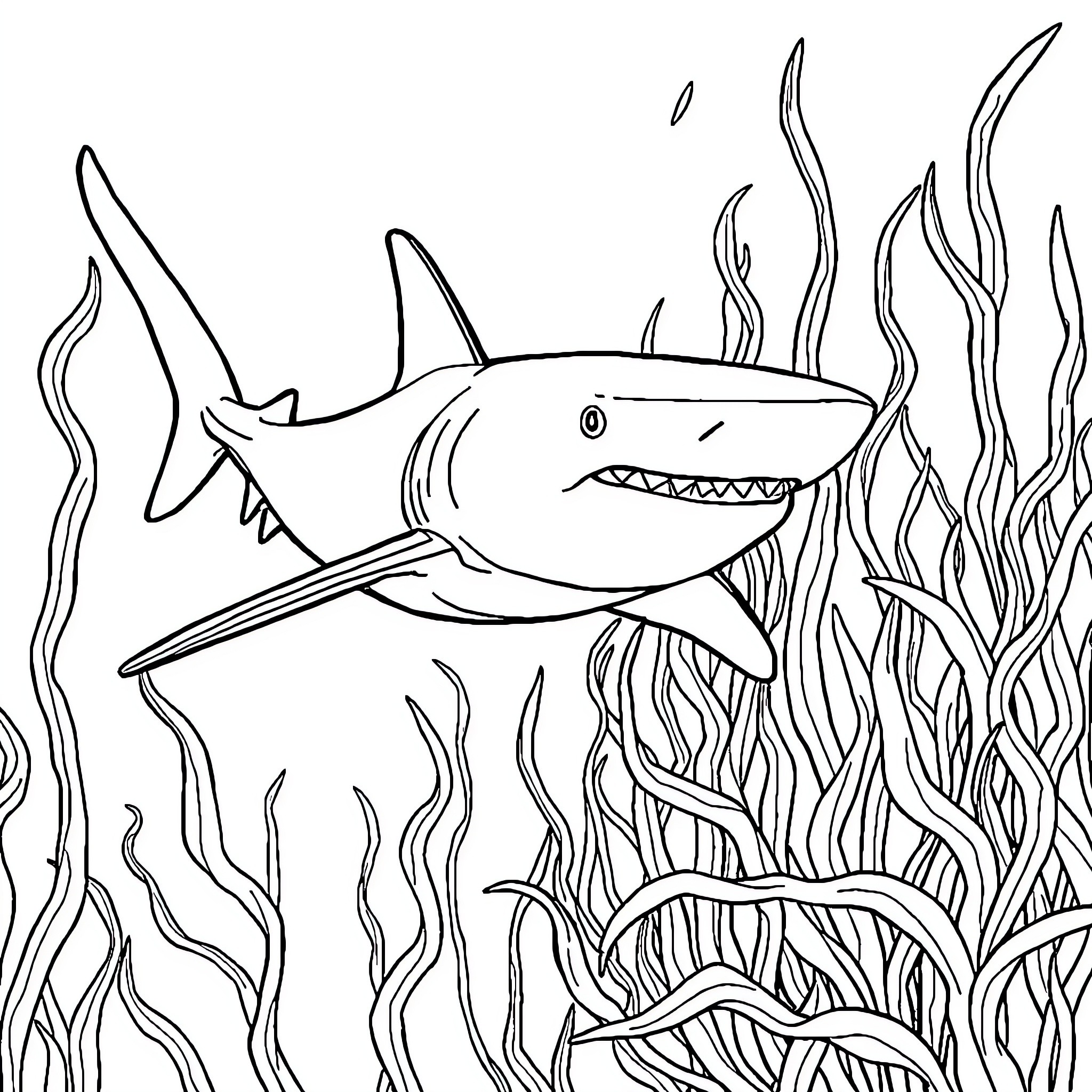 Shark swimming through underwater seaweed Coloring Page (free black-and-white line drawing printable PDF for all, from beginners to advanced learners, including children, teens, adults, and seniors)