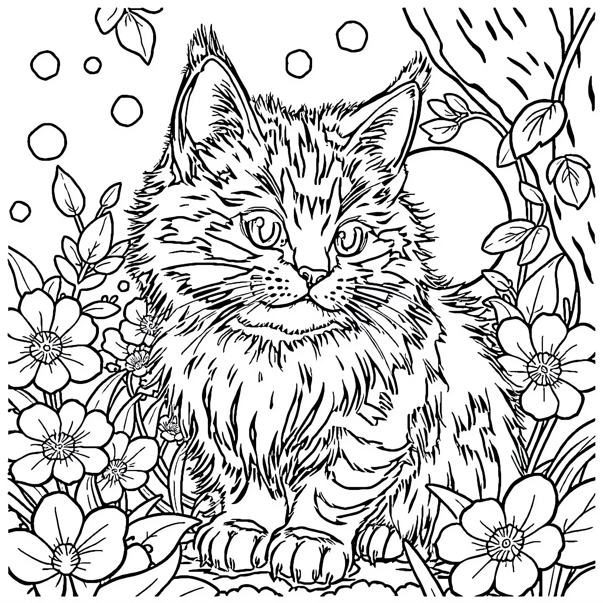 Cat among the flowers Coloring Page (free black-and-white line drawing printable PDF for all, from beginners to advanced learners, including children, teens, adults, and seniors)