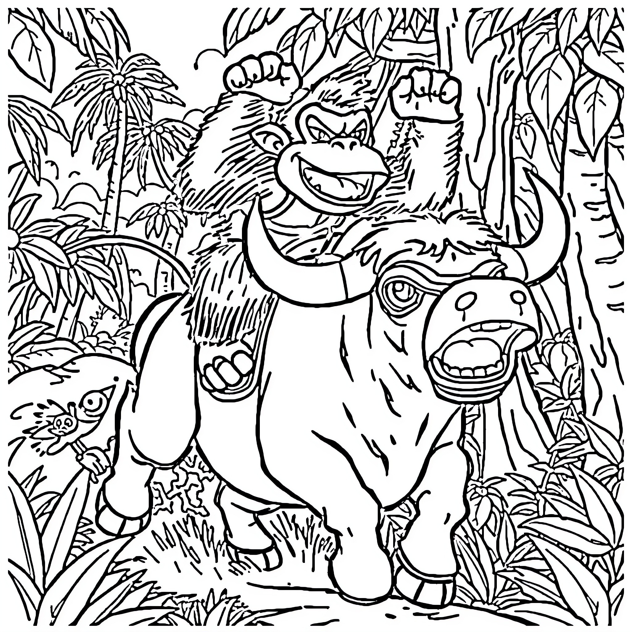 Donkey Kong adventures in the jungle Coloring Page (free black-and-white line drawing printable PDF for all, from beginners to advanced learners, including children, teens, adults, and seniors)