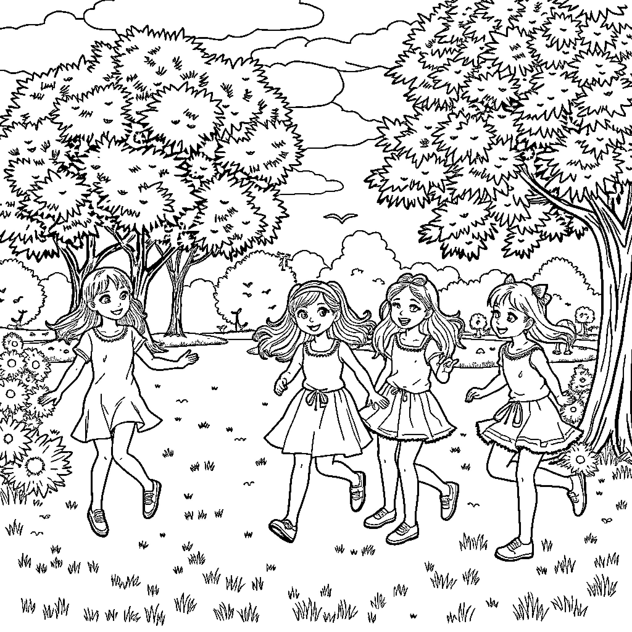 Girls playing happily in the forest Coloring Page (free black-and-white line drawing printable PDF for all, from beginners to advanced learners, including children, teens, adults, and seniors)