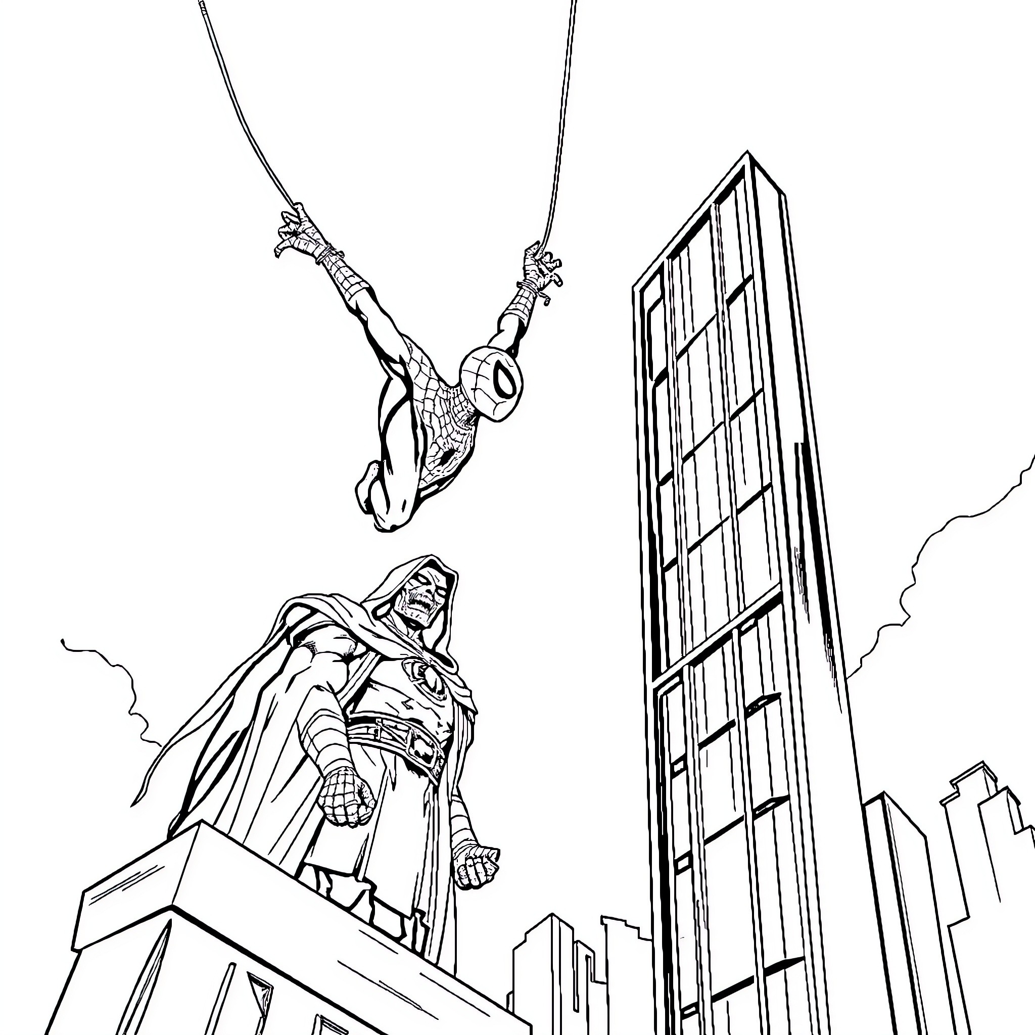 Spider-Man swinging through the city and battling a villain Coloring Page (free black-and-white line drawing printable PDF for all, from beginners to advanced learners, including children, teens, adults, and seniors)