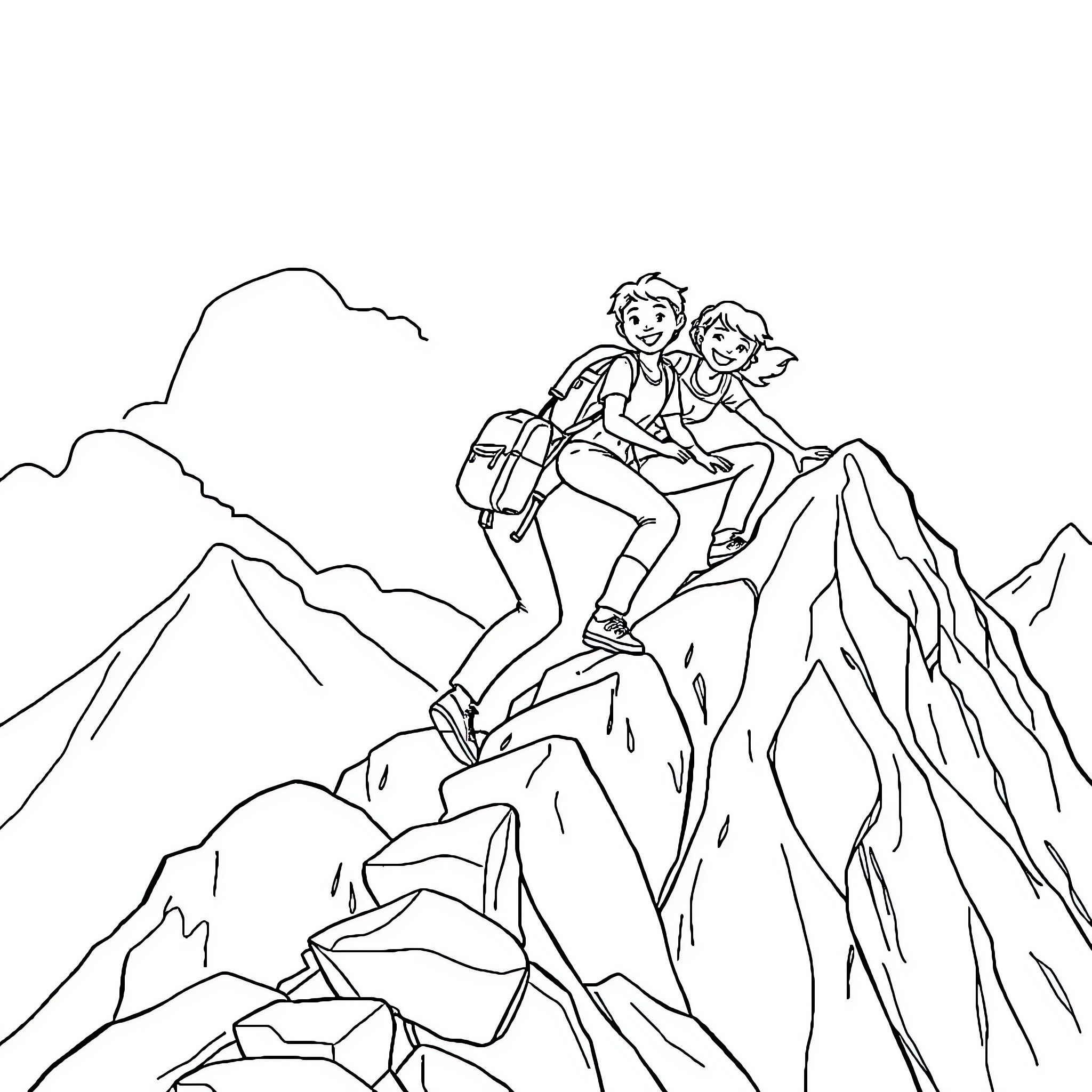 Person hiking with companion on mountain trail Coloring Page (free black-and-white line drawing printable PDF for all, from beginners to advanced learners, including children, teens, adults, and seniors)