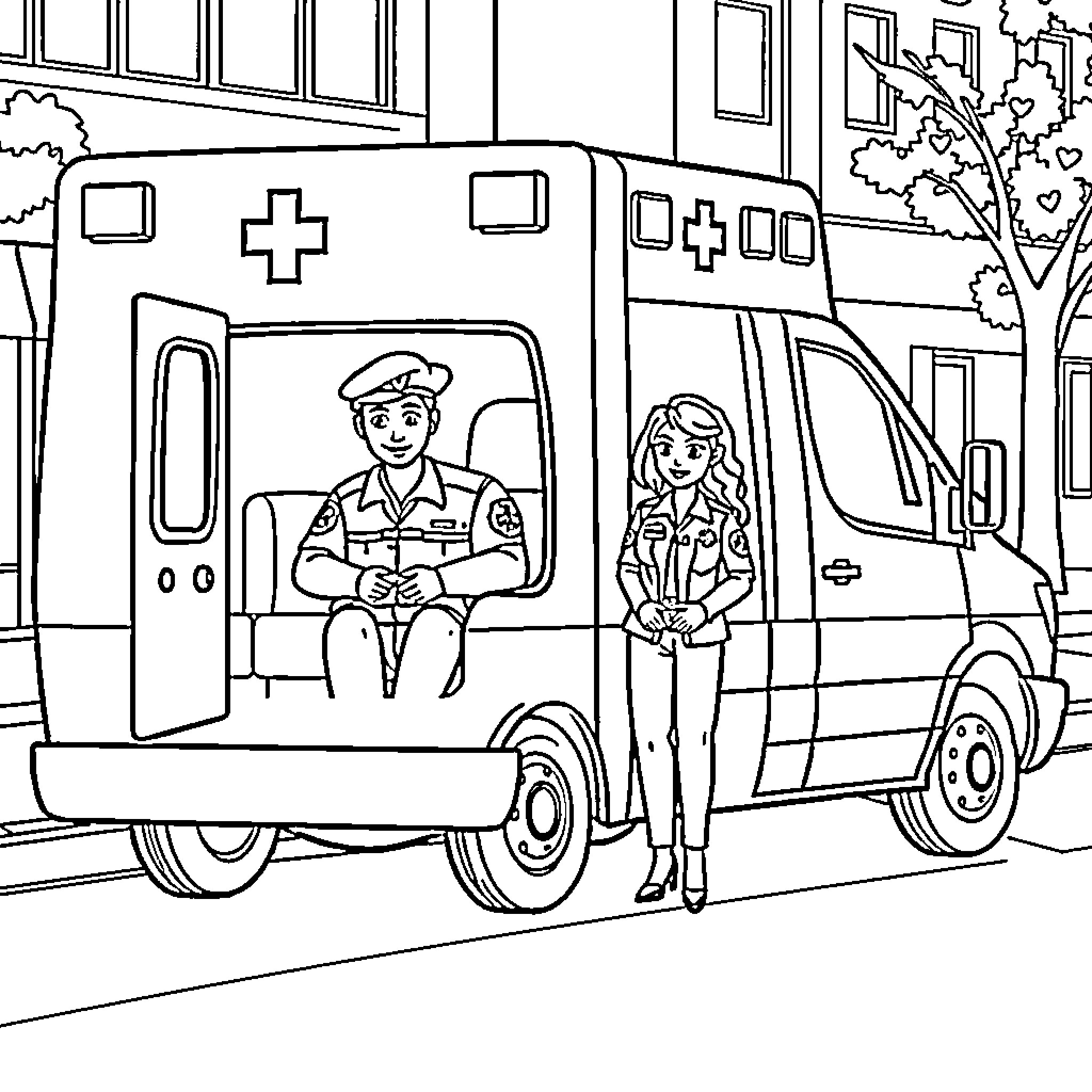 Ambulance crew responding to an emergency call Coloring Page (free black-and-white line drawing printable PDF for all, from beginners to advanced learners, including children, teens, adults, and seniors)
