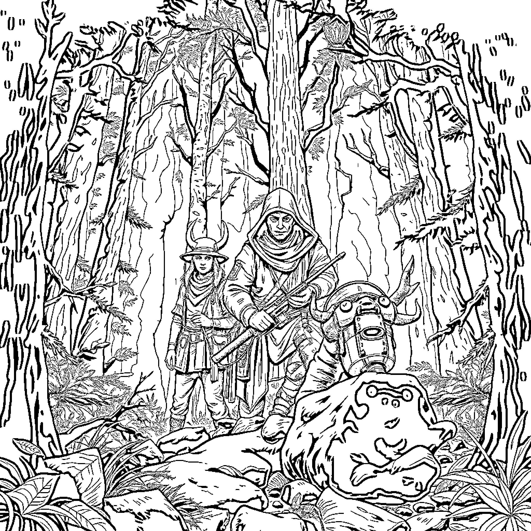 Huntrix Explores the Mysterious Forest Terrain Coloring Page (free black-and-white line drawing printable PDF for all, from beginners to advanced learners, including children, teens, adults, and seniors)