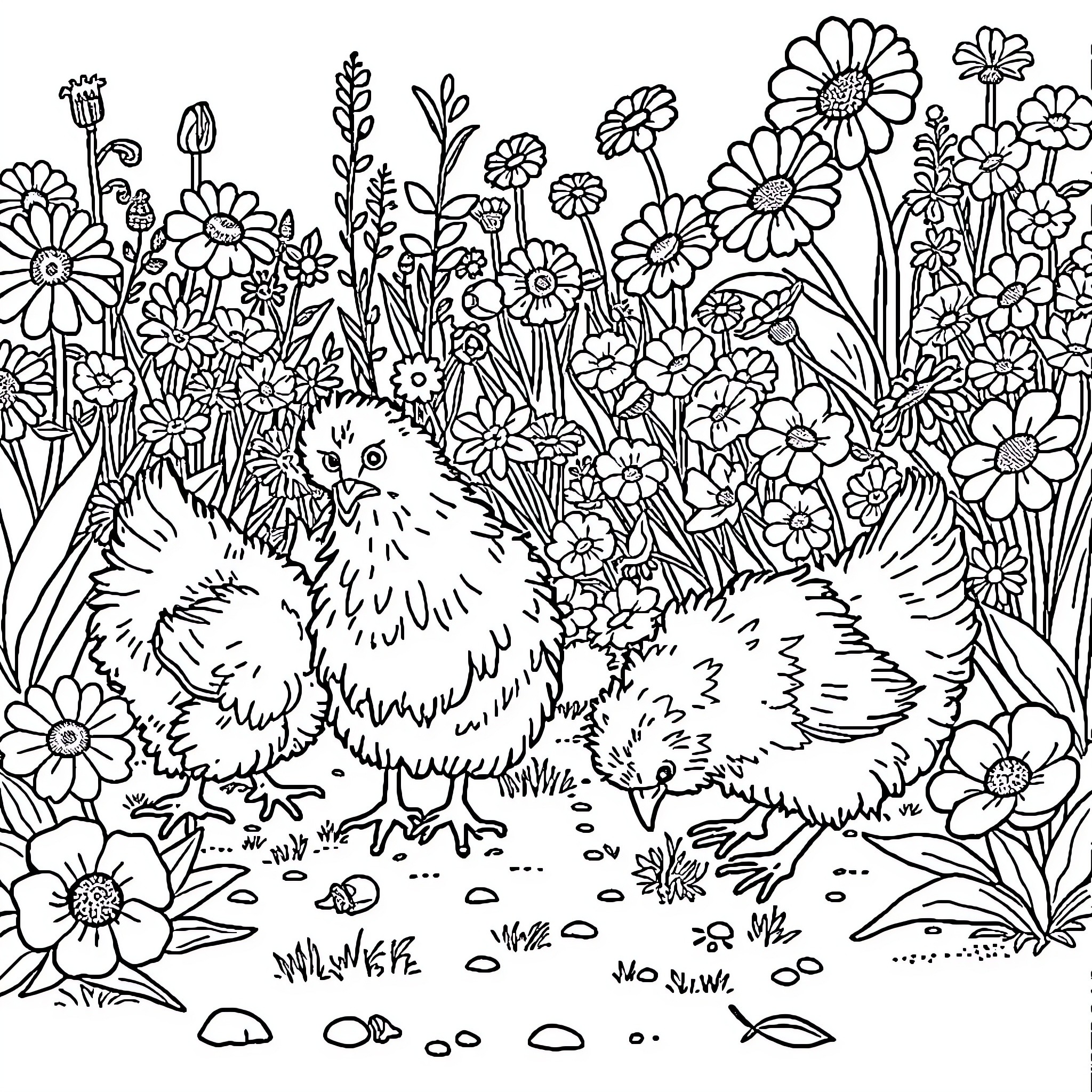 Chicken chicks playing in a floral garden Coloring Page (free black-and-white line drawing printable PDF for all, from beginners to advanced learners, including children, teens, adults, and seniors)