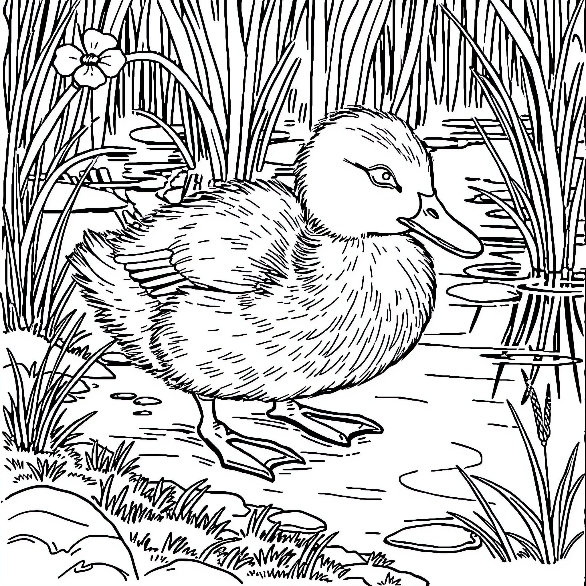 Duck swimming peacefully in the pond Coloring Page (free black-and-white line drawing printable PDF for all, from beginners to advanced learners, including children, teens, adults, and seniors)