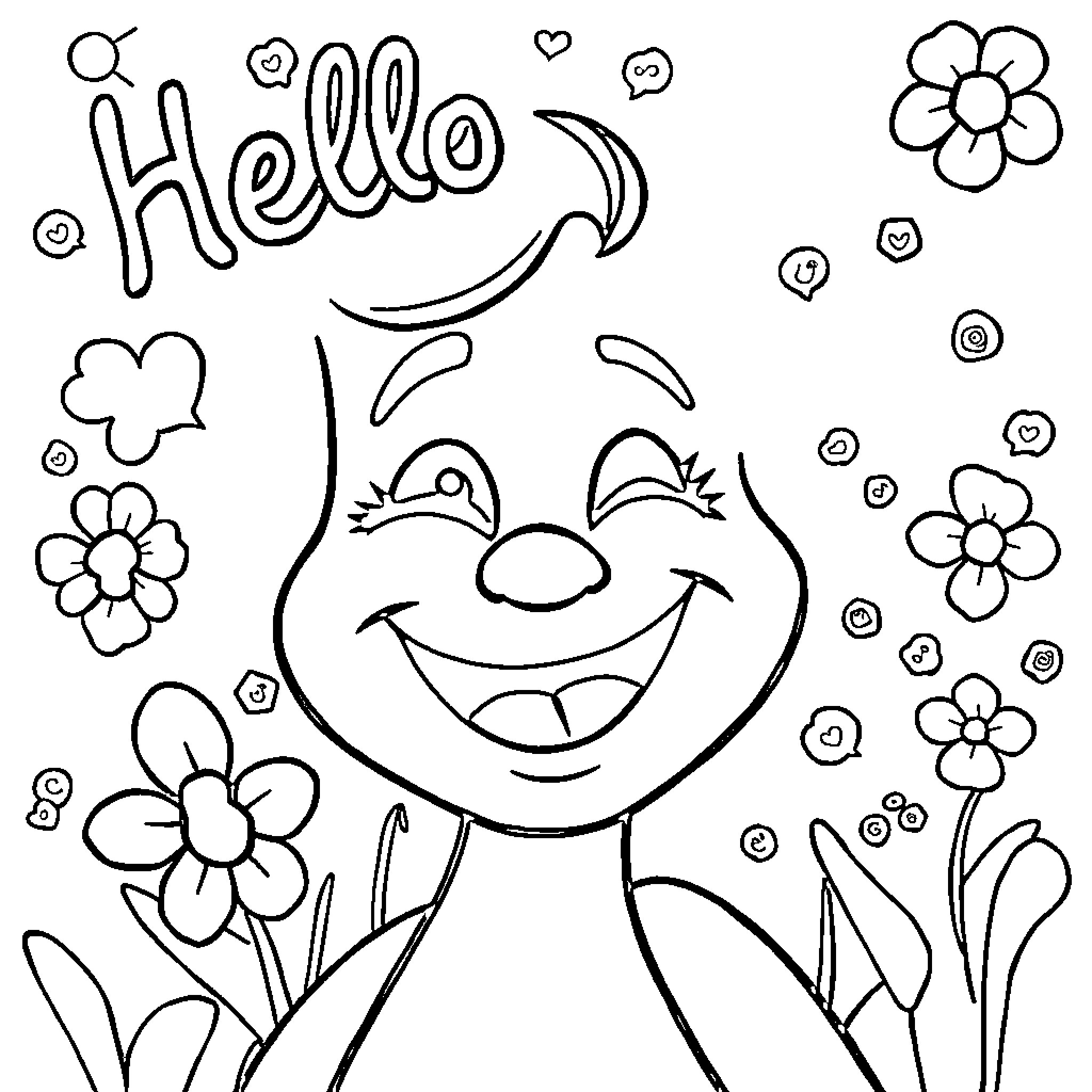 Hello friendly clown with flowers Coloring Page (free black-and-white line drawing printable PDF for all, from beginners to advanced learners, including children, teens, adults, and seniors)