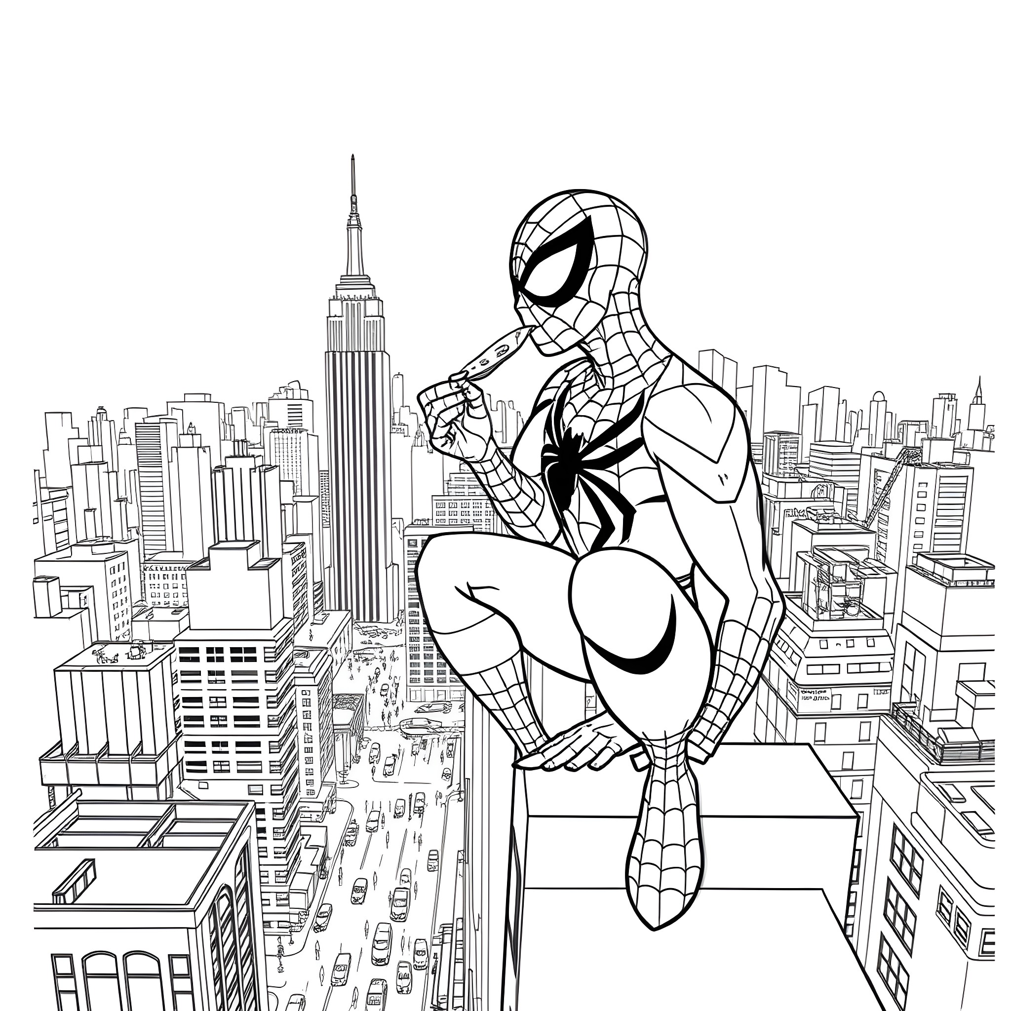 Spiderman swinging through the city skyline Coloring Page (free black-and-white line drawing printable PDF for all, from beginners to advanced learners, including children, teens, adults, and seniors)