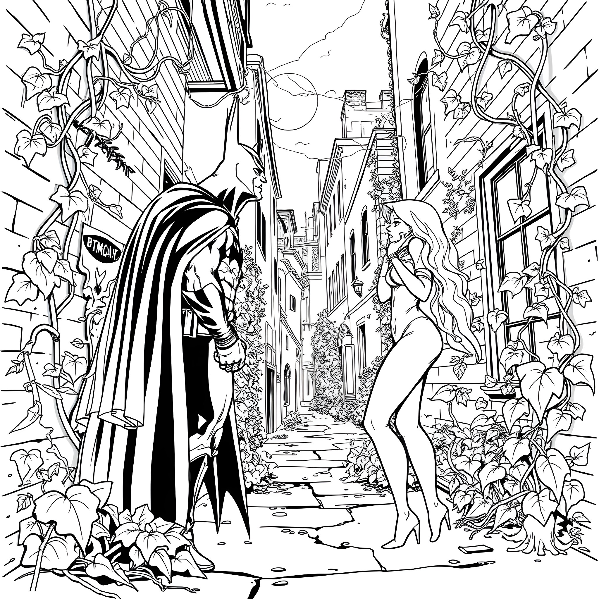 Batman Confronts Mysterious Heroine in Overgrown Urban Alley Coloring Page (free black-and-white line drawing printable PDF for all, from beginners to advanced learners, including children, teens, adults, and seniors)