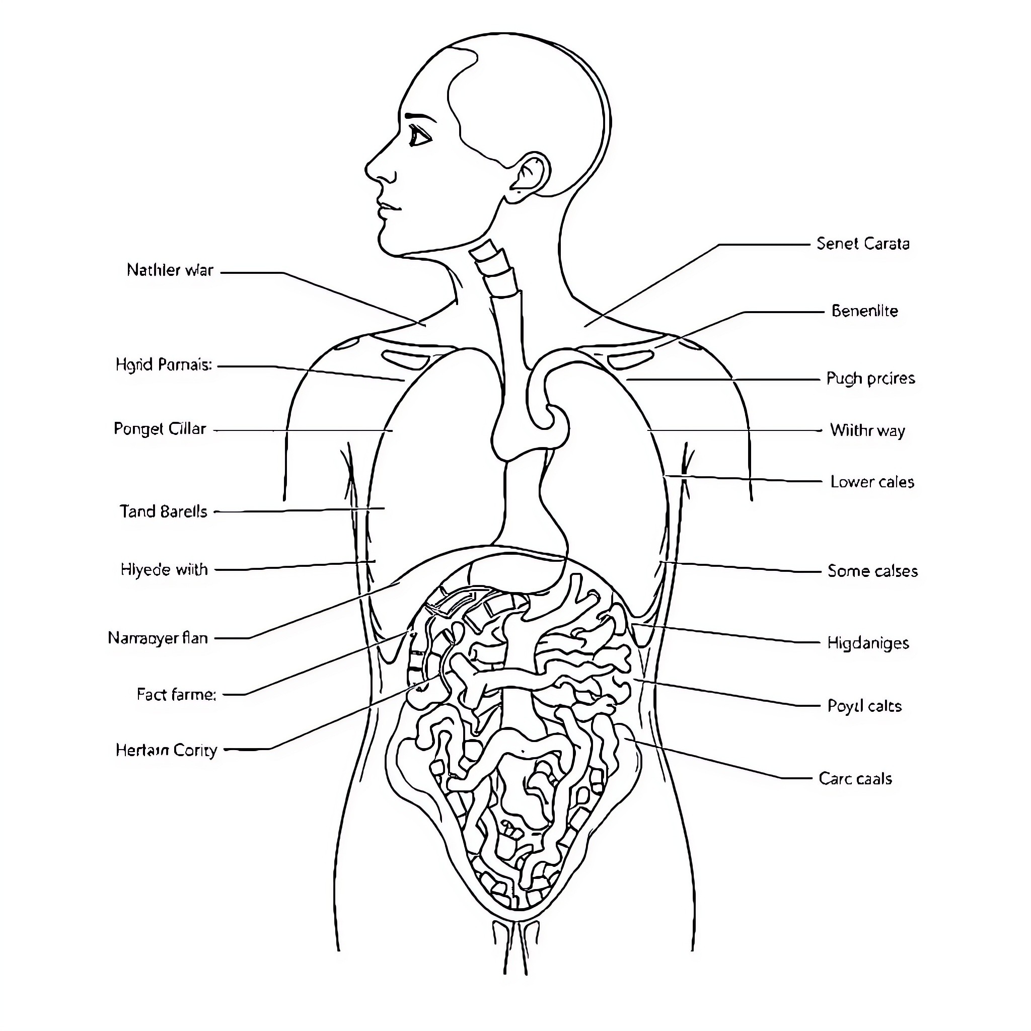 Body Cavity Diagram with Anatomical Labels Coloring Page (free black-and-white line drawing printable PDF for all, from beginners to advanced learners, including children, teens, adults, and seniors)