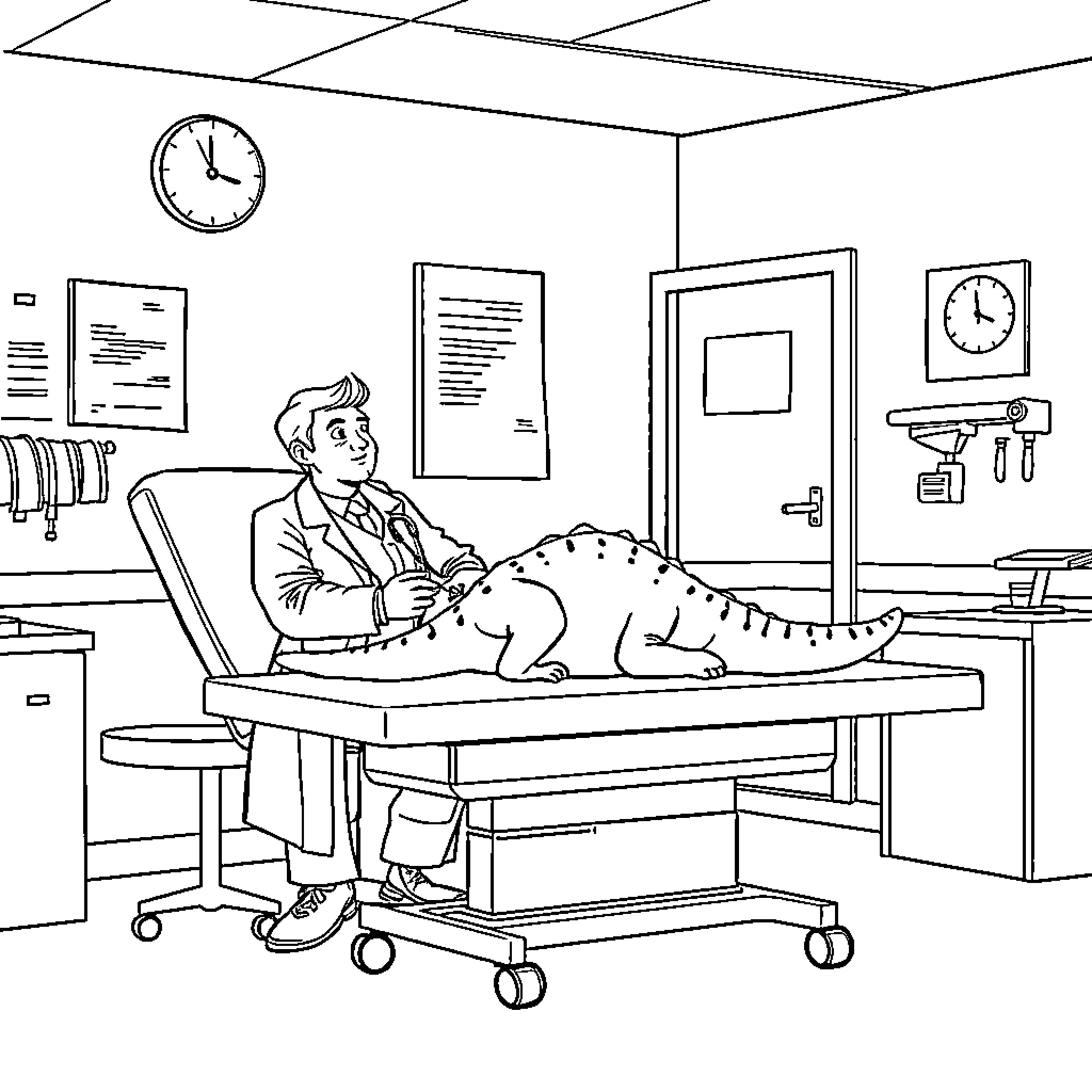 Doctor Examines Patient in Examination Room Coloring Page (free black-and-white line drawing printable PDF for all, from beginners to advanced learners, including children, teens, adults, and seniors)
