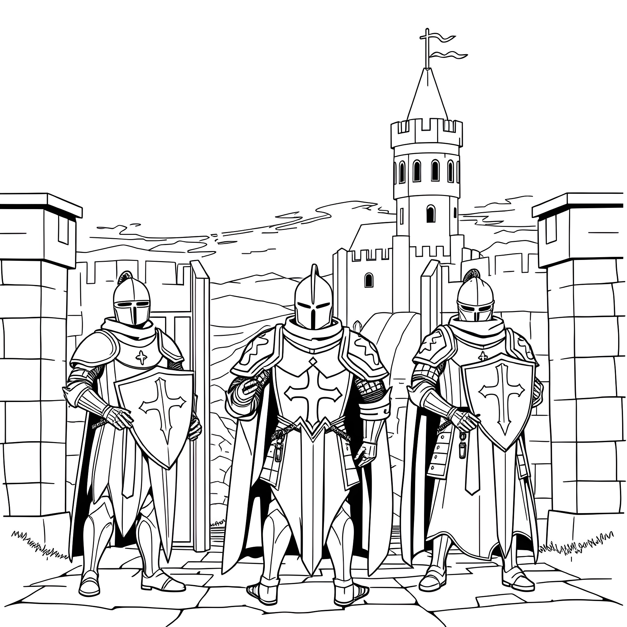Knight Warriors Guarding the Fortified Castle Coloring Page (free black-and-white line drawing printable PDF for all, from beginners to advanced learners, including children, teens, adults, and seniors)